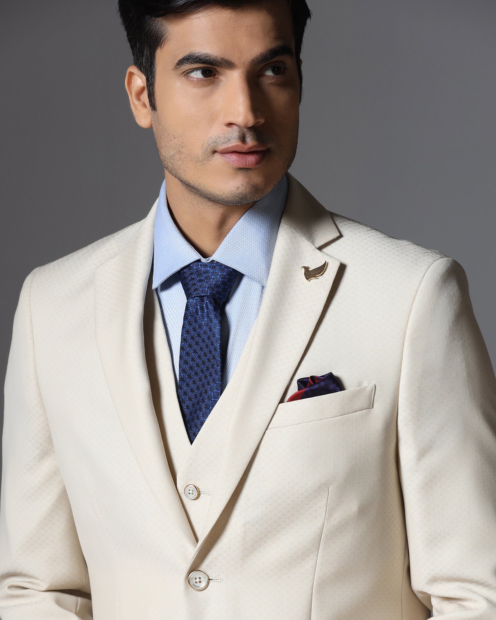 Ecru Three Piece Jacqaurd Suit - Moraco