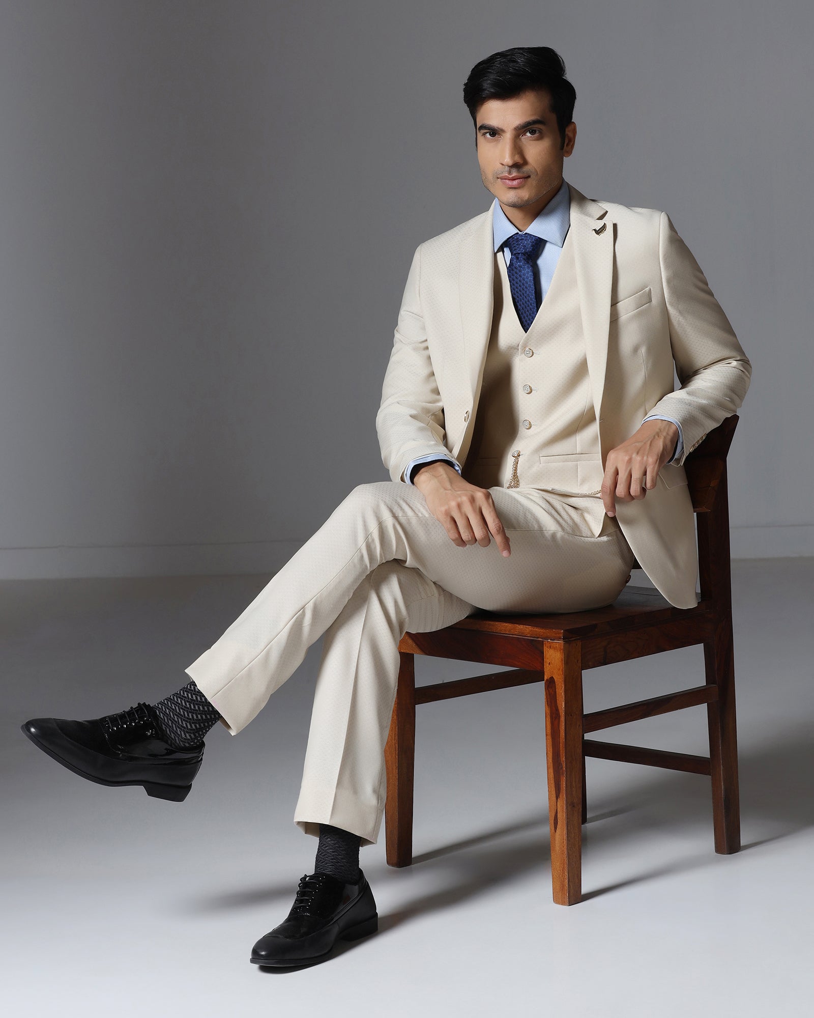 Ecru Three Piece Jacqaurd Suit - Moraco