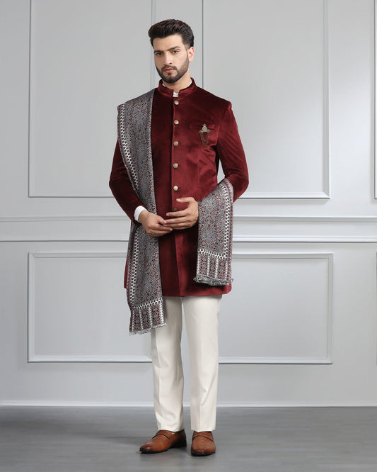 Maroon Swarn Solid Achkan Set - Veltos