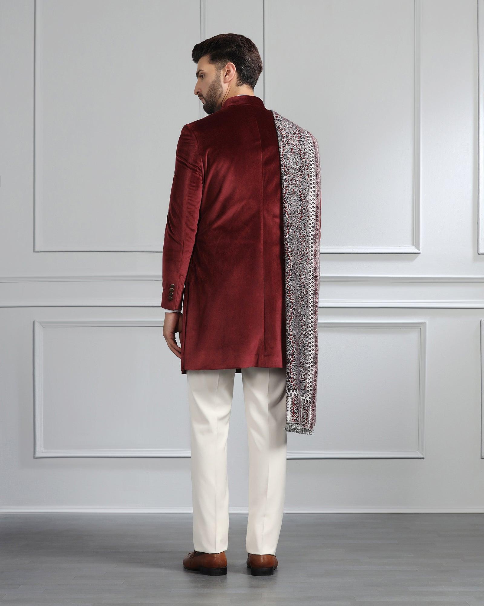 Swarn Two Piece Maroon Solid Achkan Set - Veltos - Blackberrys