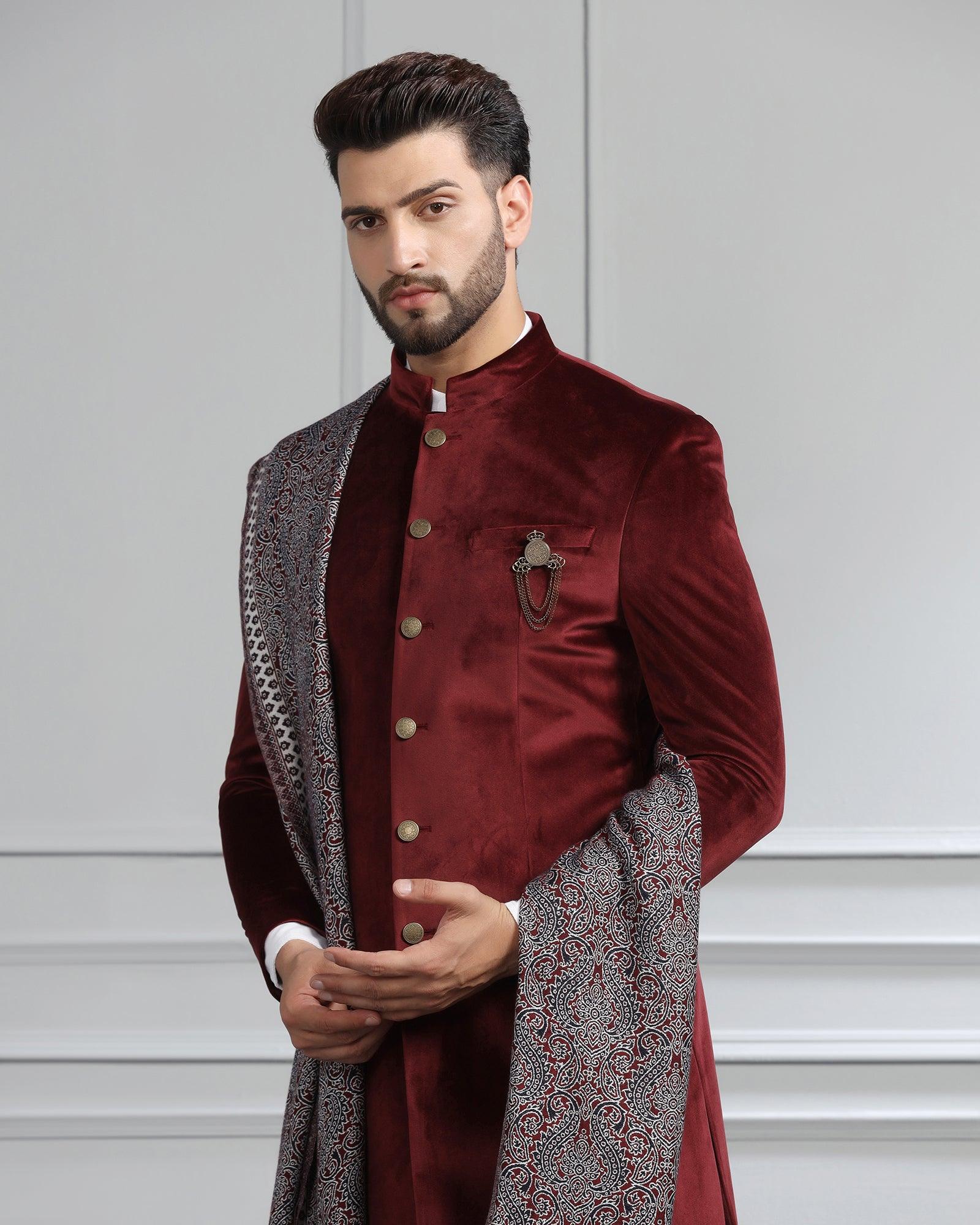 Swarn Two Piece Maroon Solid Achkan Set - Veltos - Blackberrys