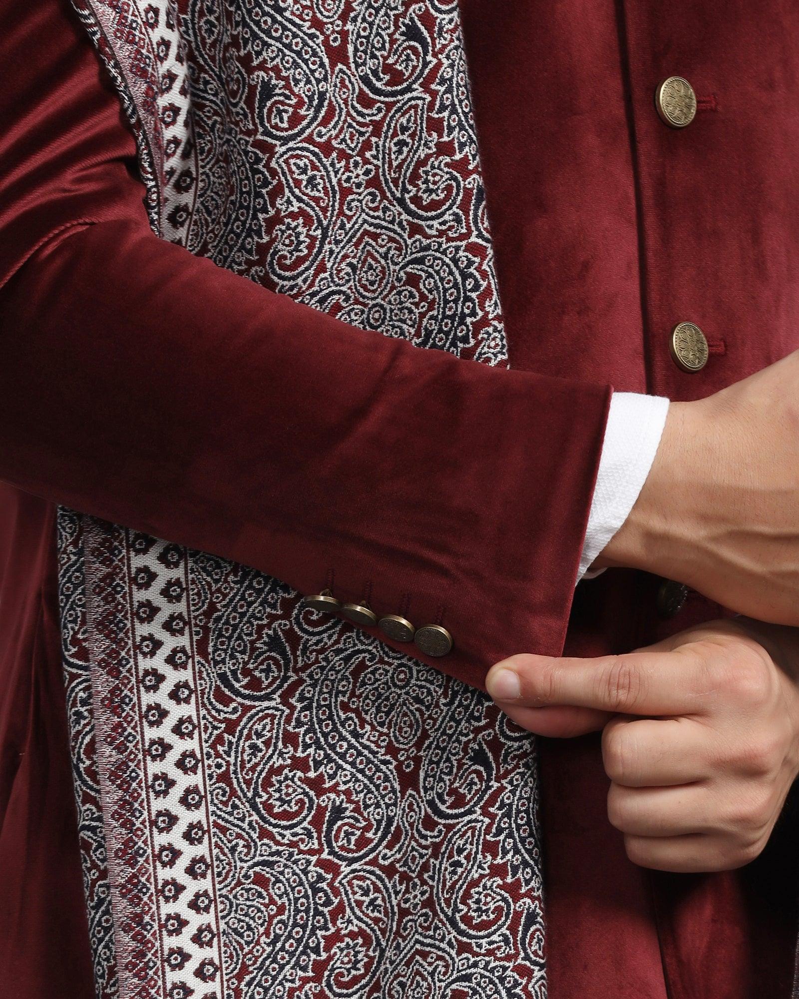 Swarn Two Piece Maroon Solid Achkan Set - Veltos - Blackberrys