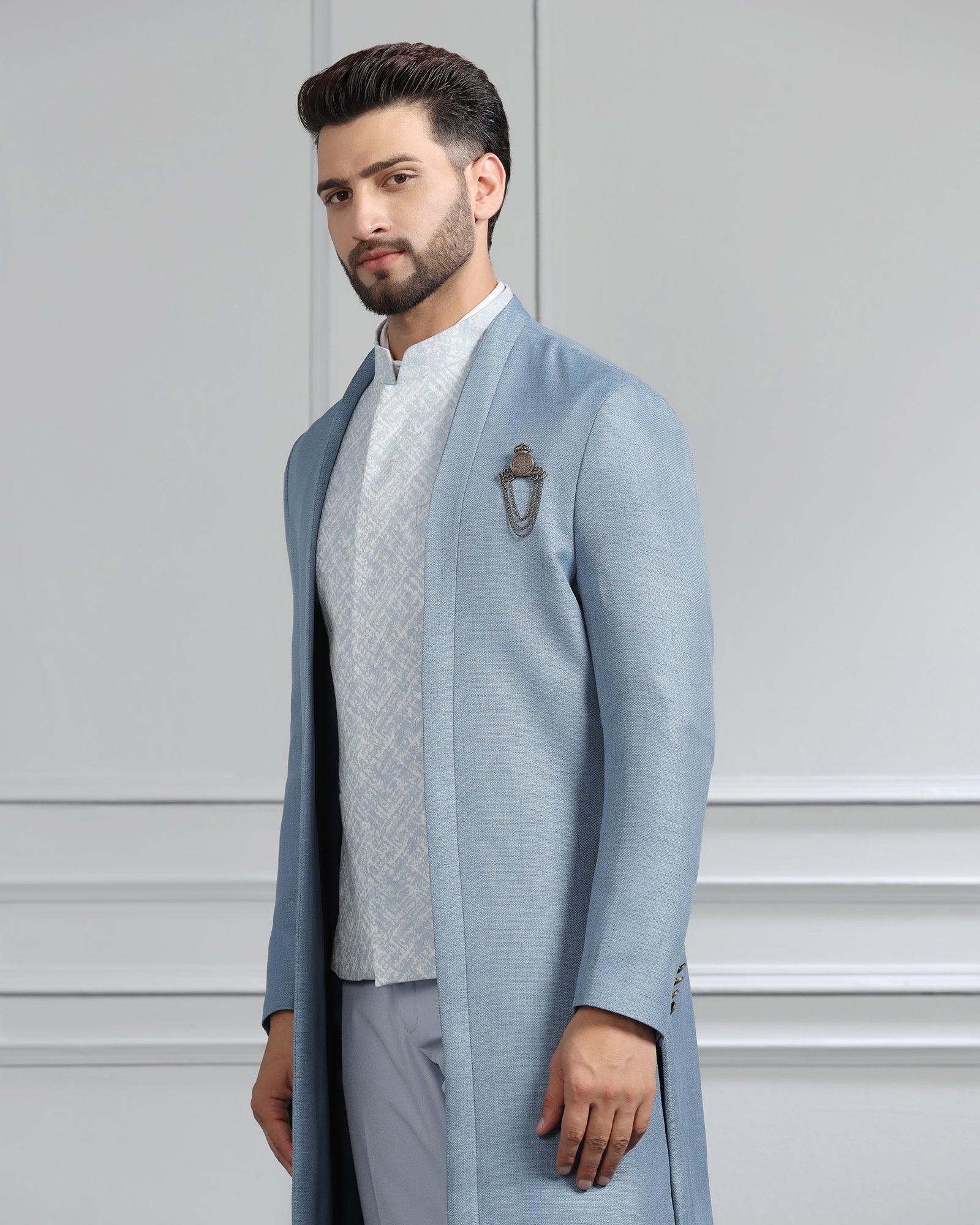 Swarn Multitude 6X Blue Solid Achkan Set - Renera - Blackberrys