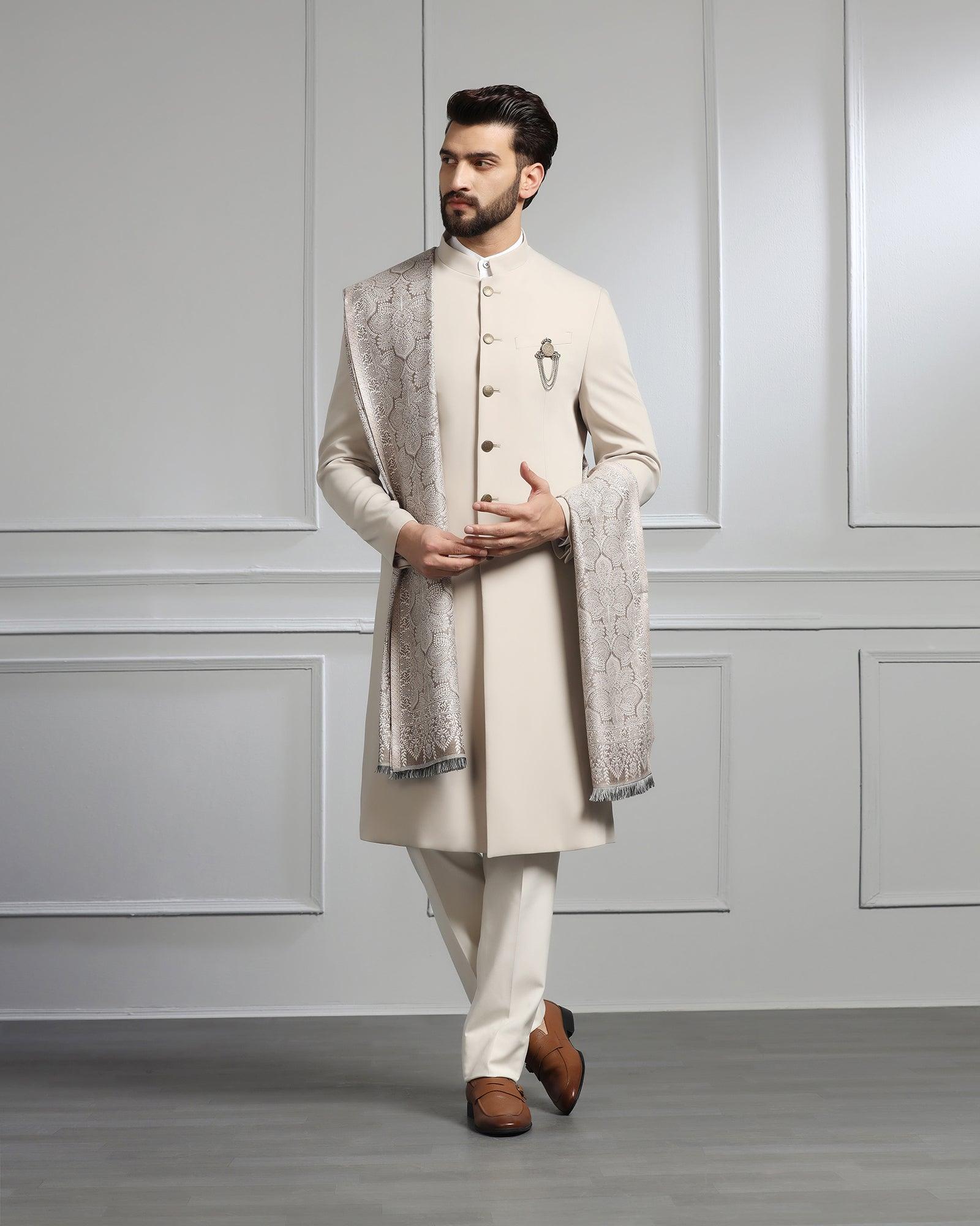 Swarn Two Piece Beige Solid Achkan Set - Dagaris - Blackberrys