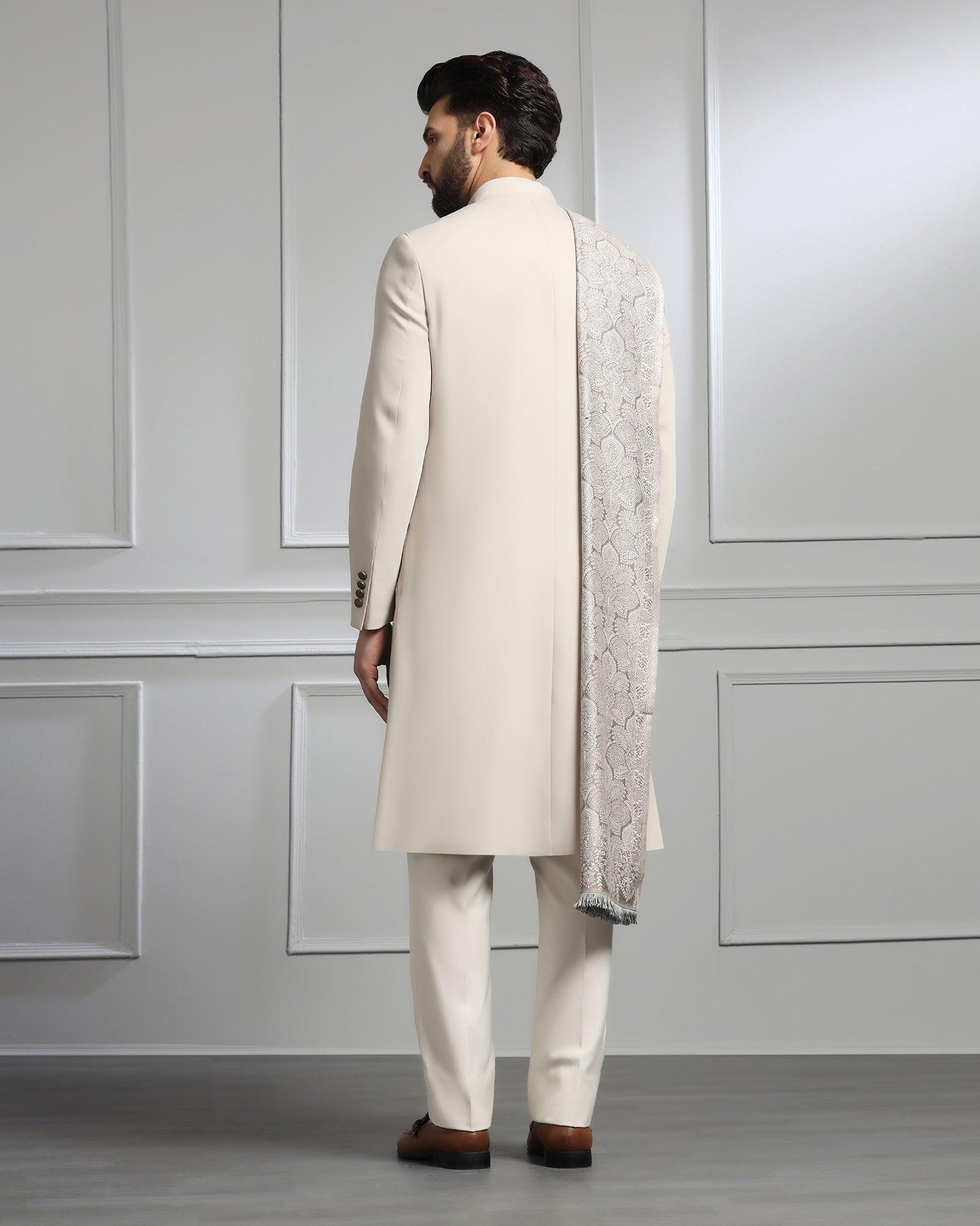 Swarn Two Piece Beige Solid Achkan Set - Dagaris - Blackberrys