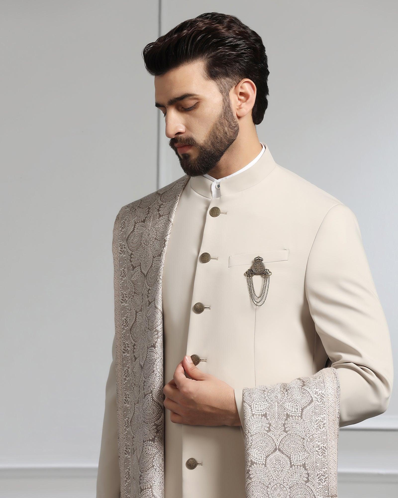 Swarn Two Piece Beige Solid Achkan Set - Dagaris - Blackberrys