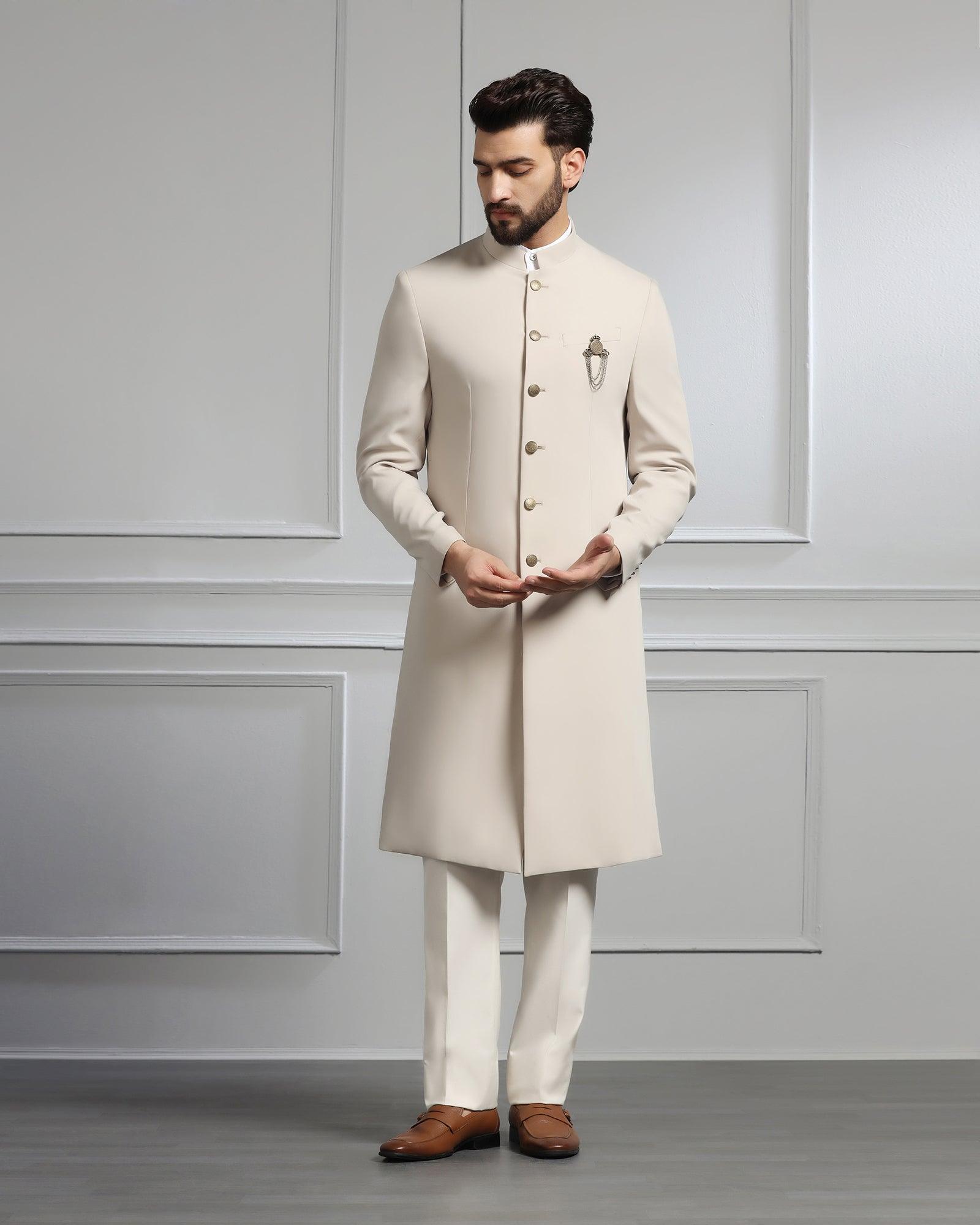 Swarn Two Piece Beige Solid Achkan Set - Dagaris - Blackberrys