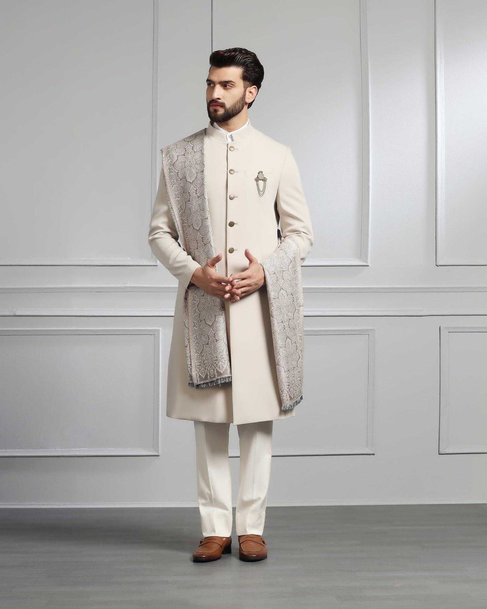 Swarn Two Piece Beige Solid Achkan Set - Dagaris - Blackberrys