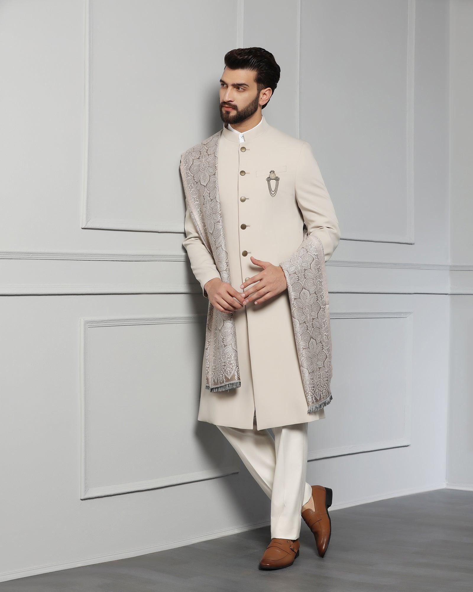 Swarn Two Piece Beige Solid Achkan Set - Dagaris - Blackberrys