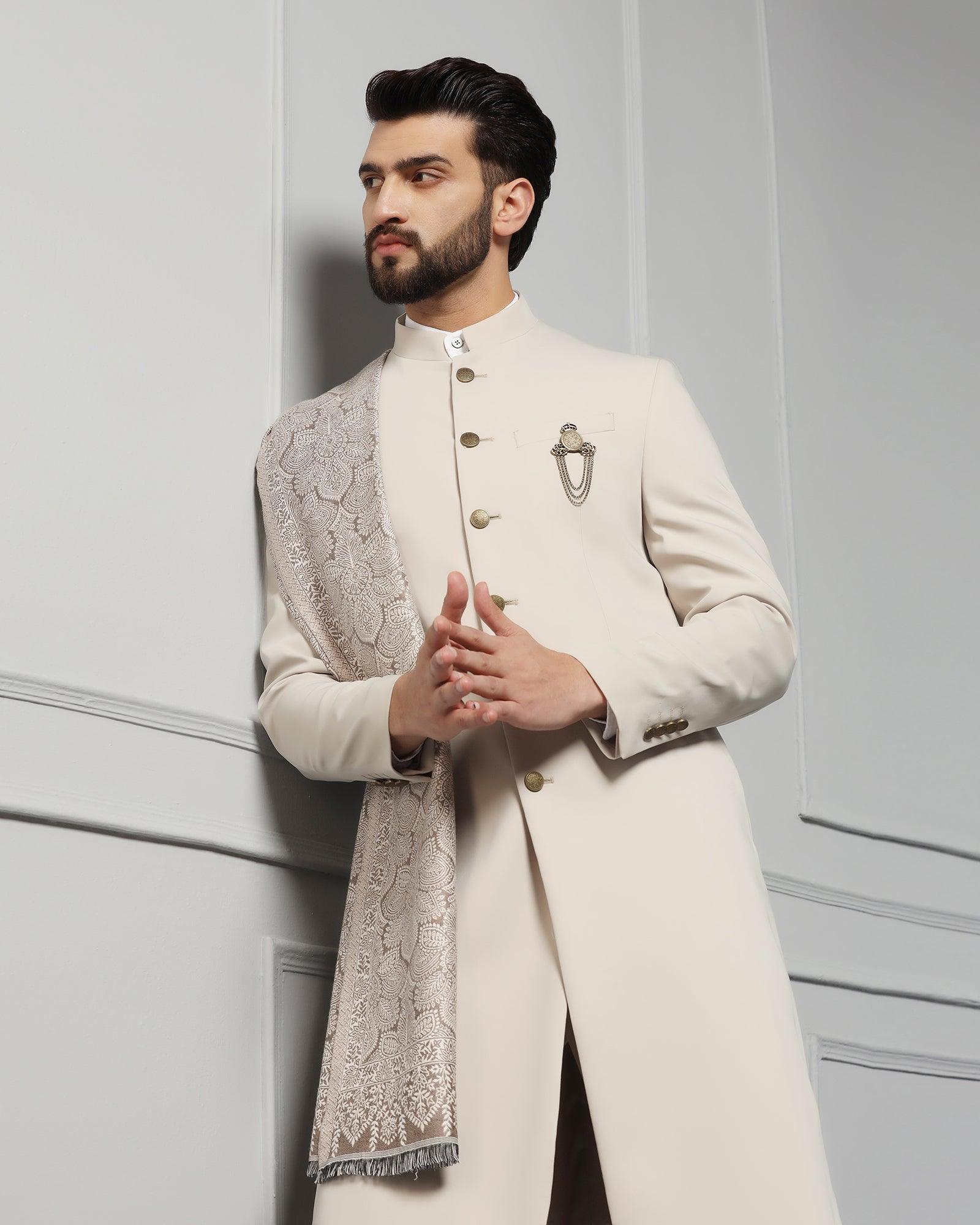 Swarn Two Piece Beige Solid Achkan Set - Dagaris - Blackberrys