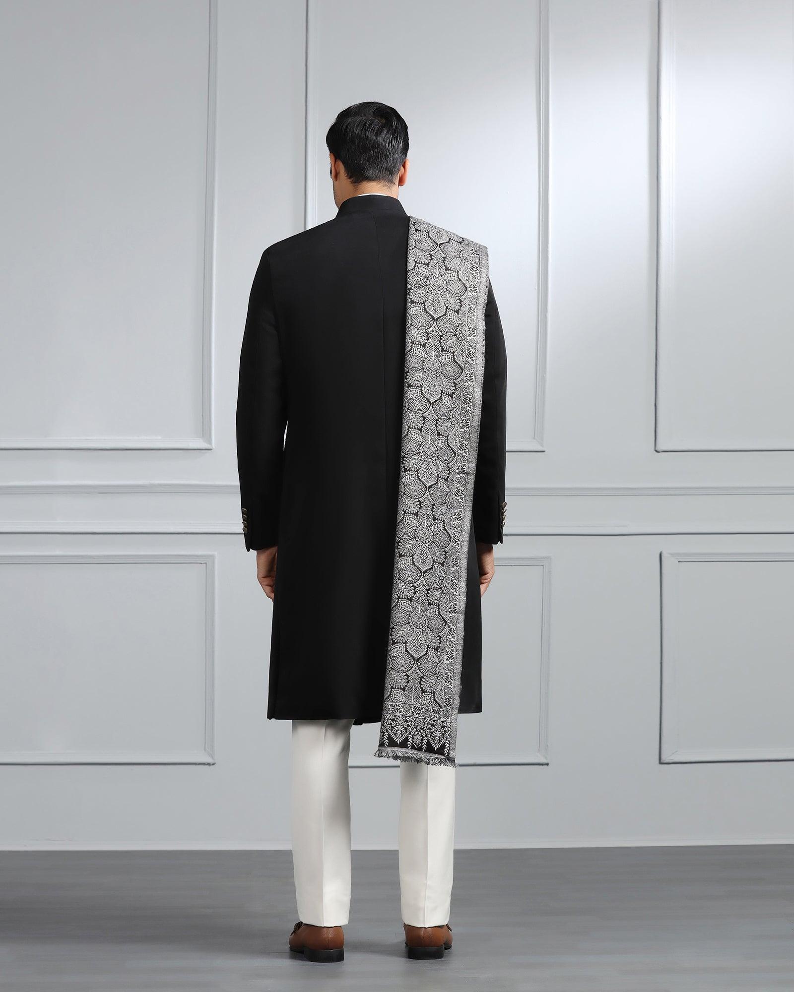 Swarn Two Piece Black Solid Achkan Set - Dagaris - Blackberrys