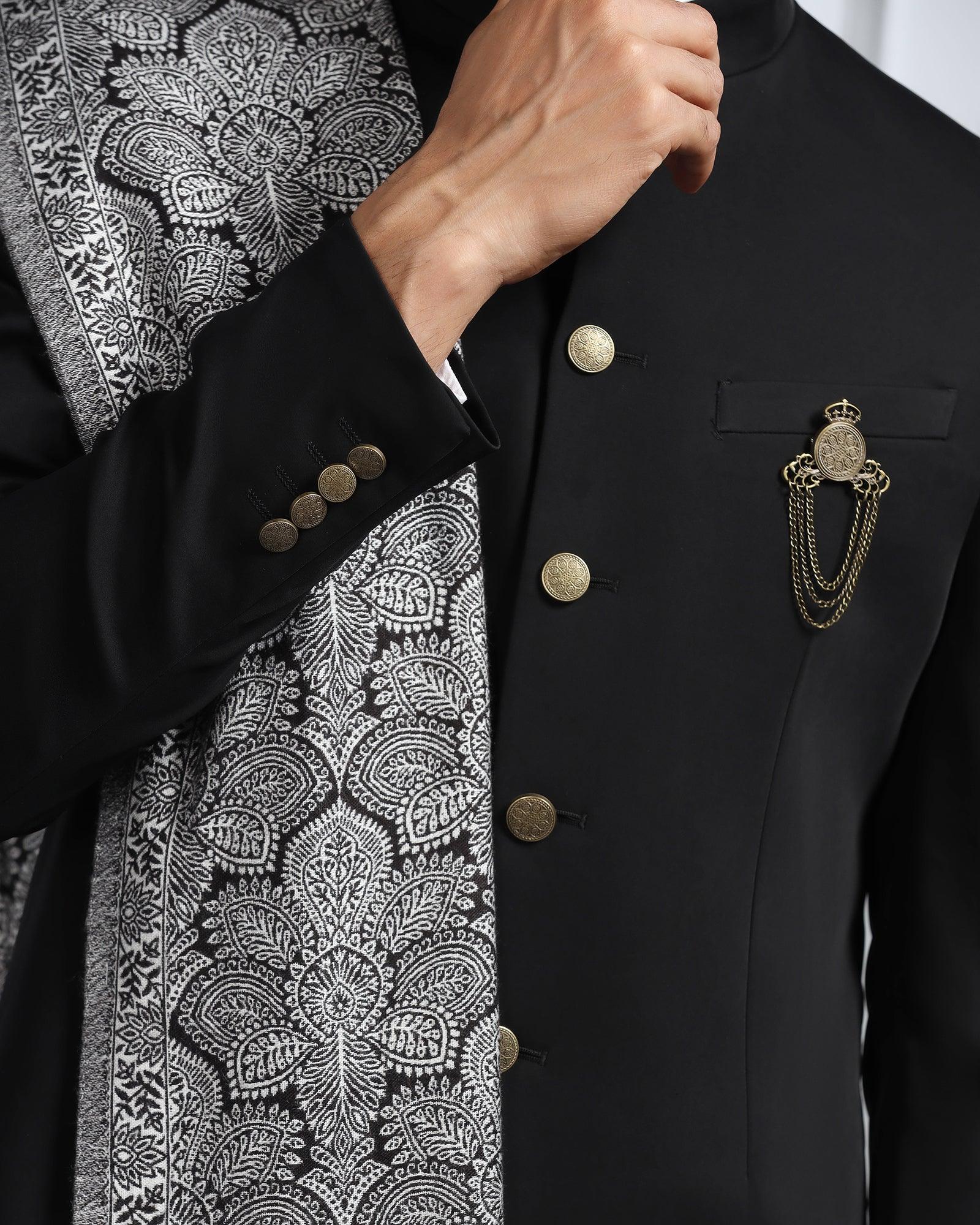 Swarn Two Piece Black Solid Achkan Set - Dagaris - Blackberrys