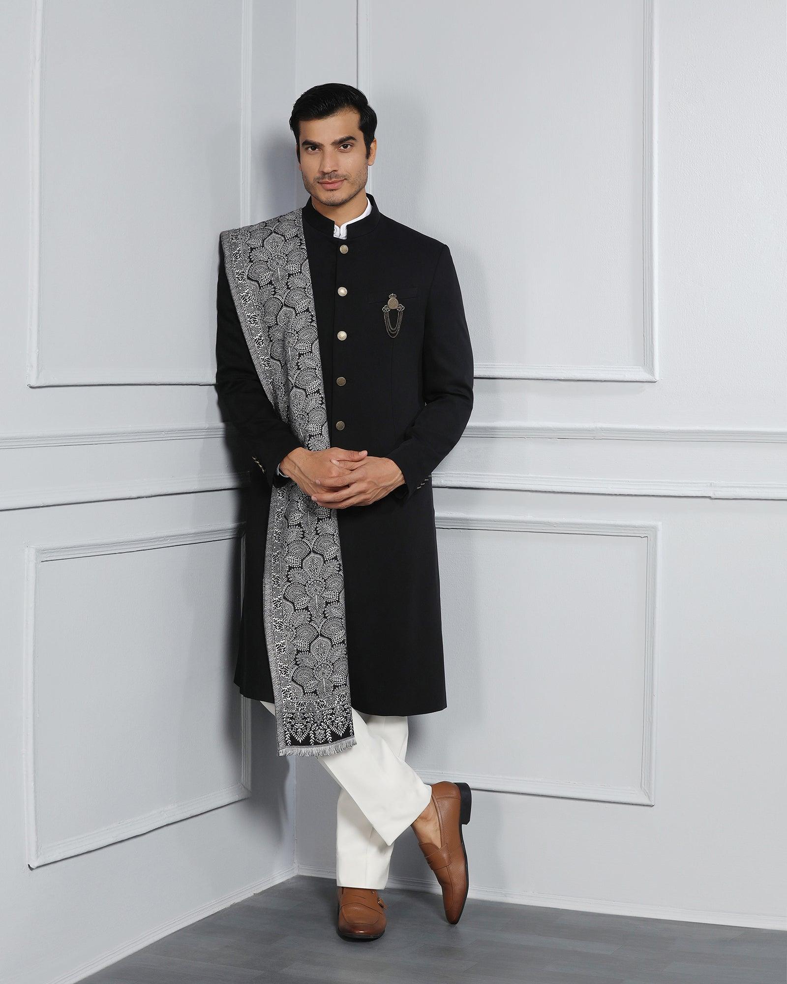 Swarn Two Piece Black Solid Achkan Set - Dagaris - Blackberrys