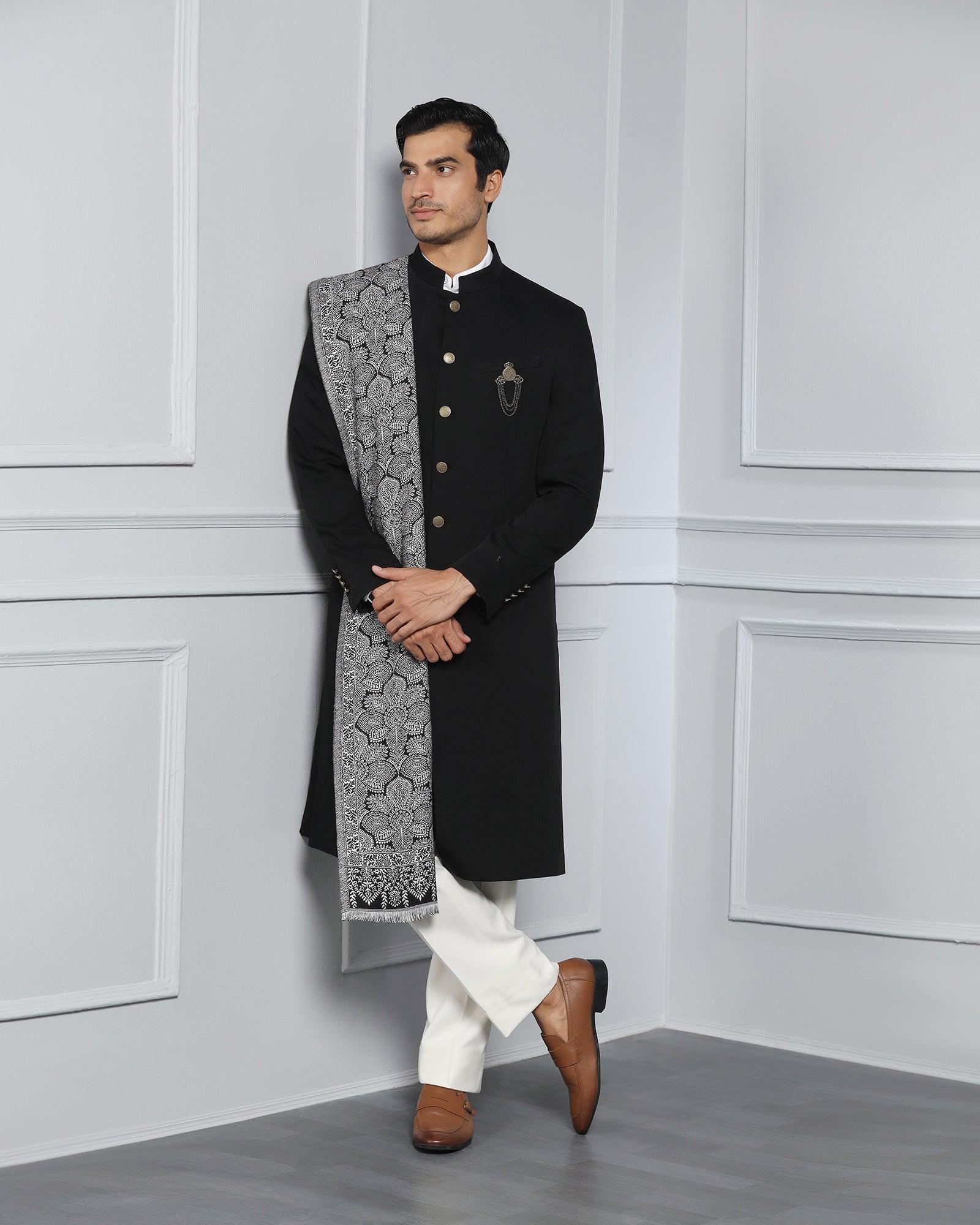 Swarn Two Piece Black Solid Achkan Set - Dagaris - Blackberrys