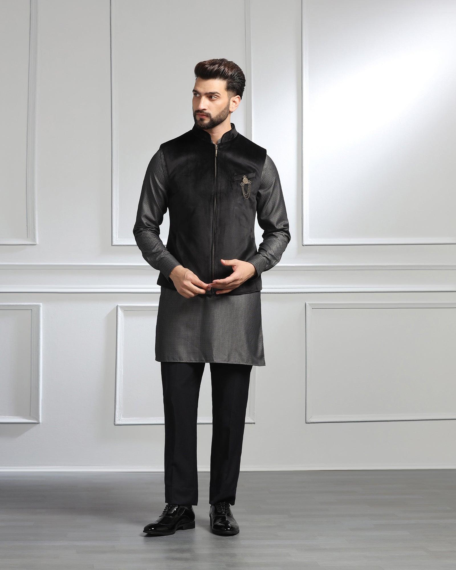 Swarn Two Piece Black Solid Achkan Set - Sandrona - Blackberrys