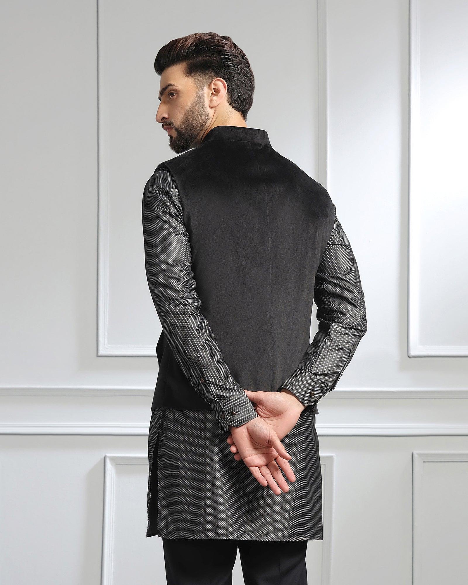 Swarn Two Piece Black Solid Achkan Set - Sandrona - Blackberrys