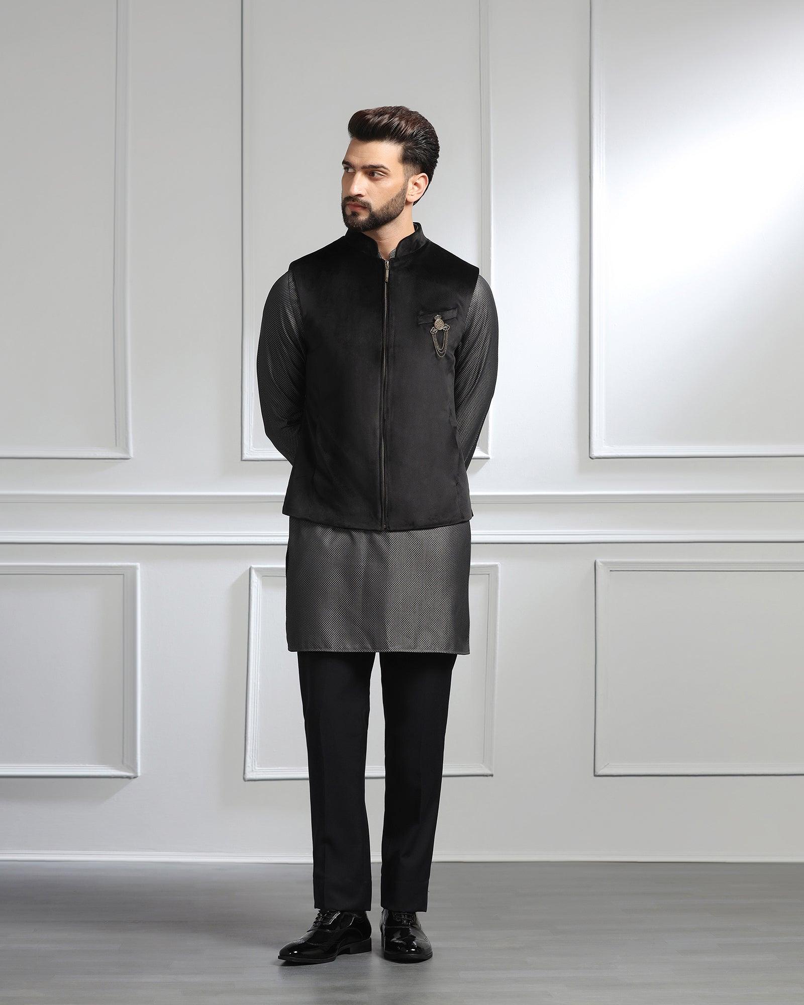 Swarn Two Piece Black Solid Achkan Set - Sandrona - Blackberrys