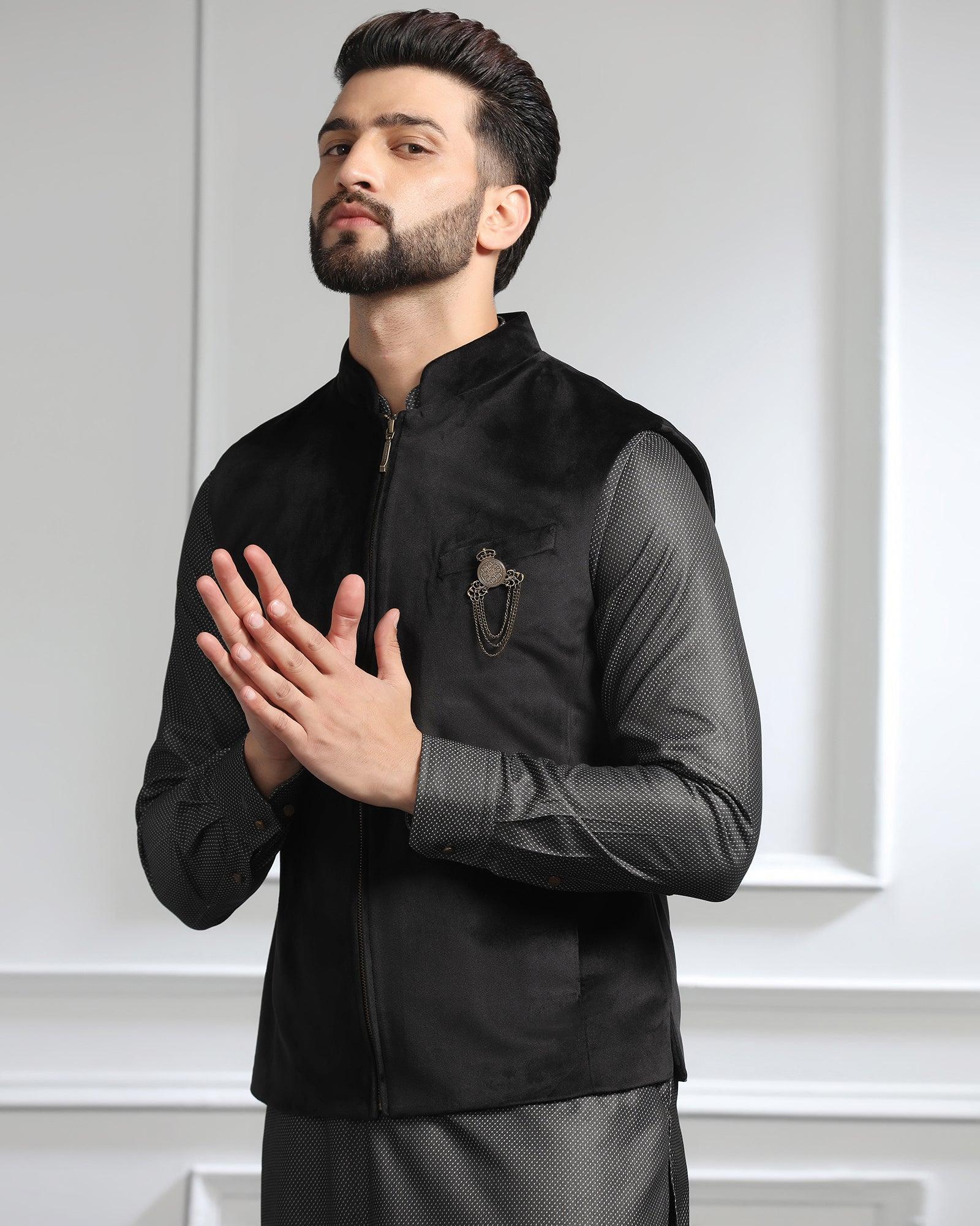 Swarn Two Piece Black Solid Achkan Set - Sandrona - Blackberrys