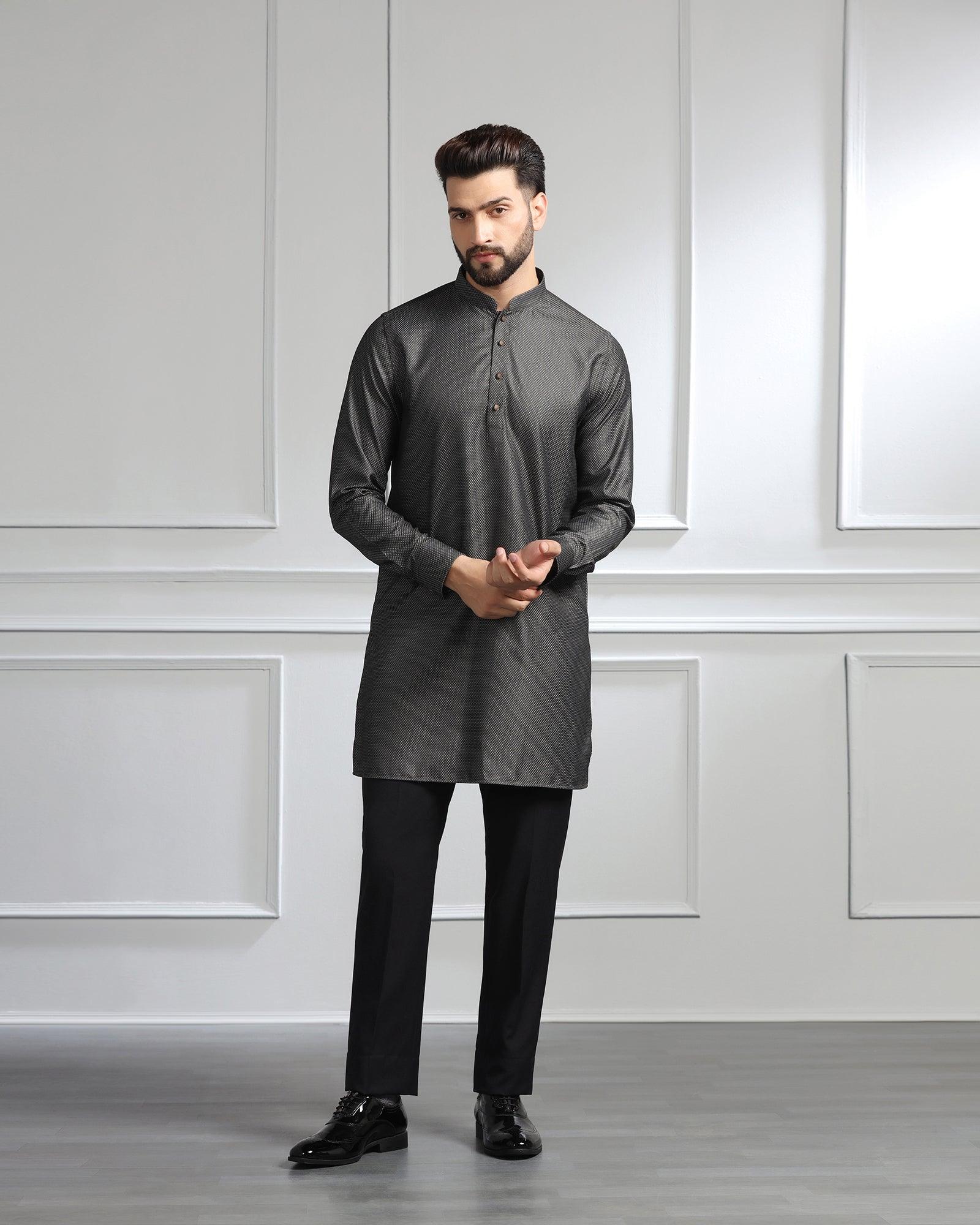 Swarn Two Piece Black Solid Achkan Set - Sandrona - Blackberrys