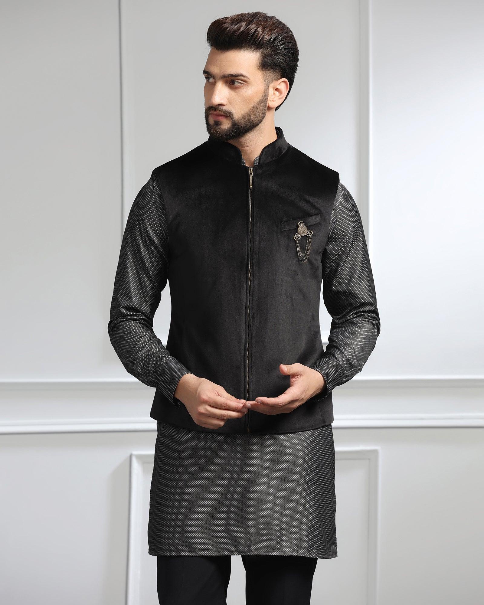 Swarn Two Piece Black Solid Achkan Set - Sandrona - Blackberrys