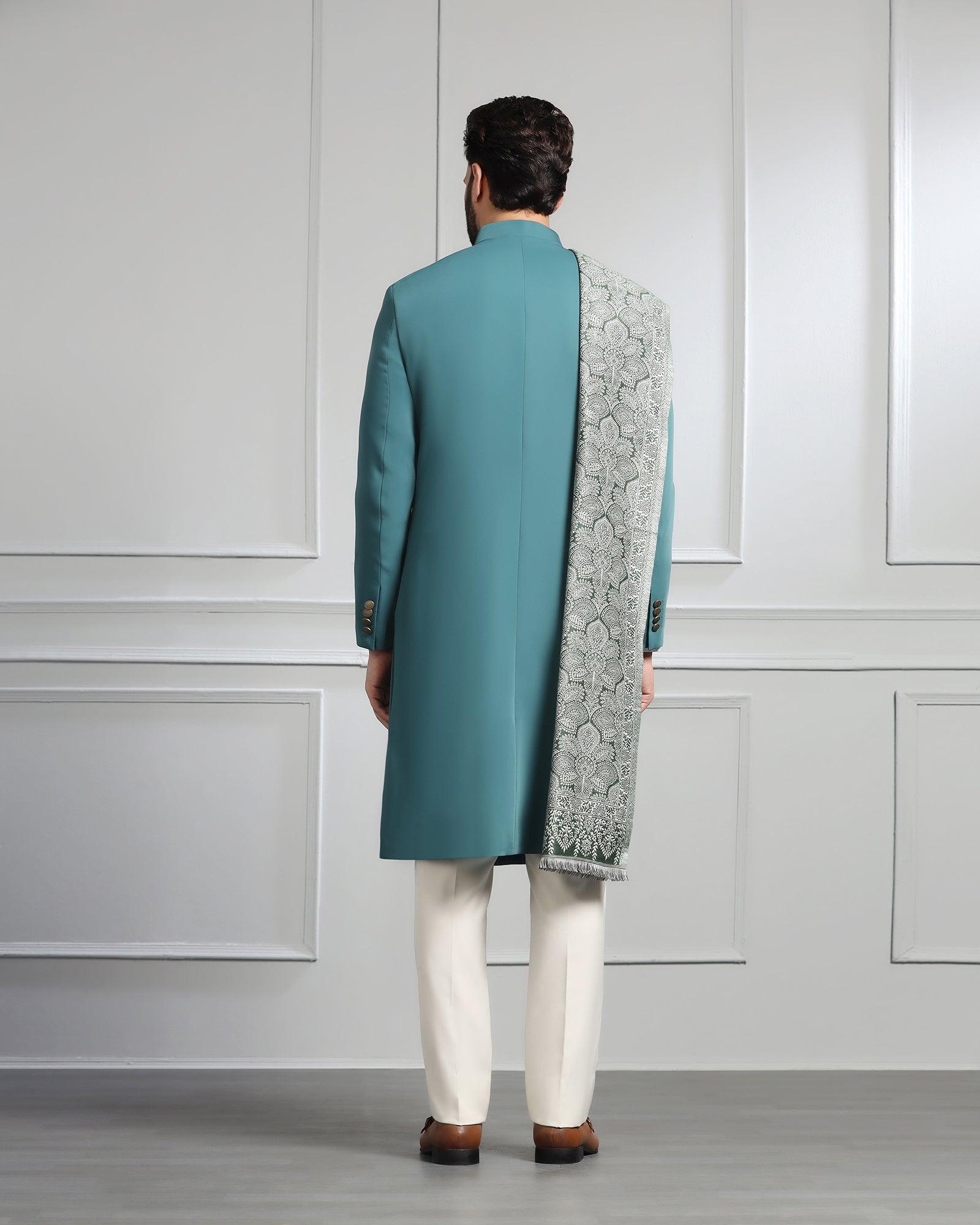 Swarn Two Piece Dark Green Solid Achkan Set - Dagaris - Blackberrys