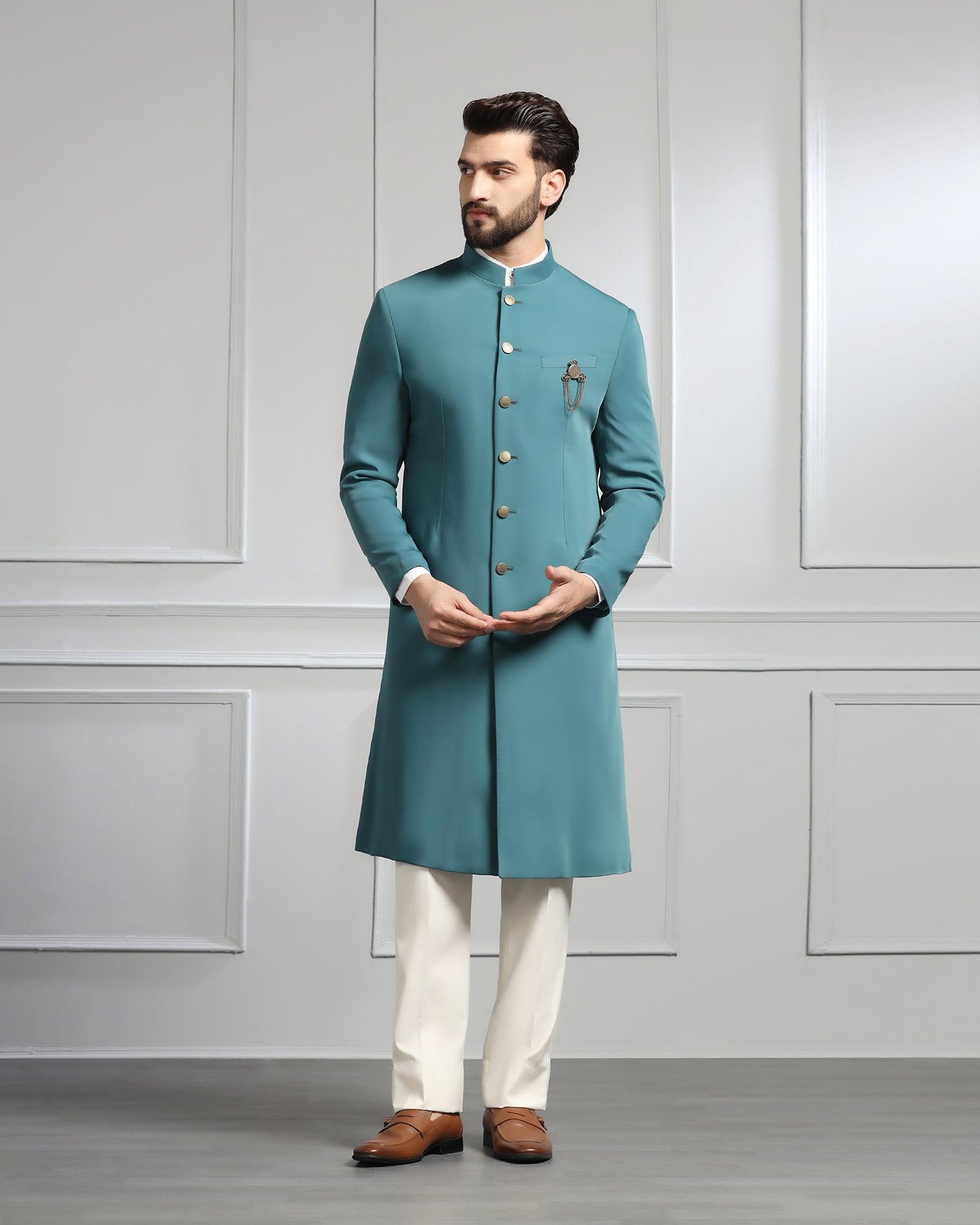 Swarn Two Piece Dark Green Solid Achkan Set - Dagaris - Blackberrys