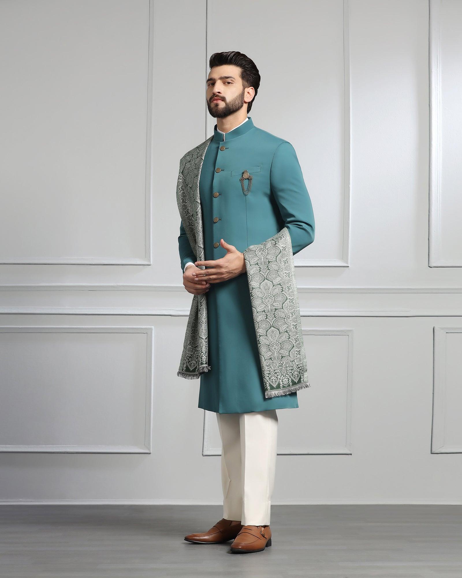 Swarn Two Piece Dark Green Solid Achkan Set - Dagaris - Blackberrys