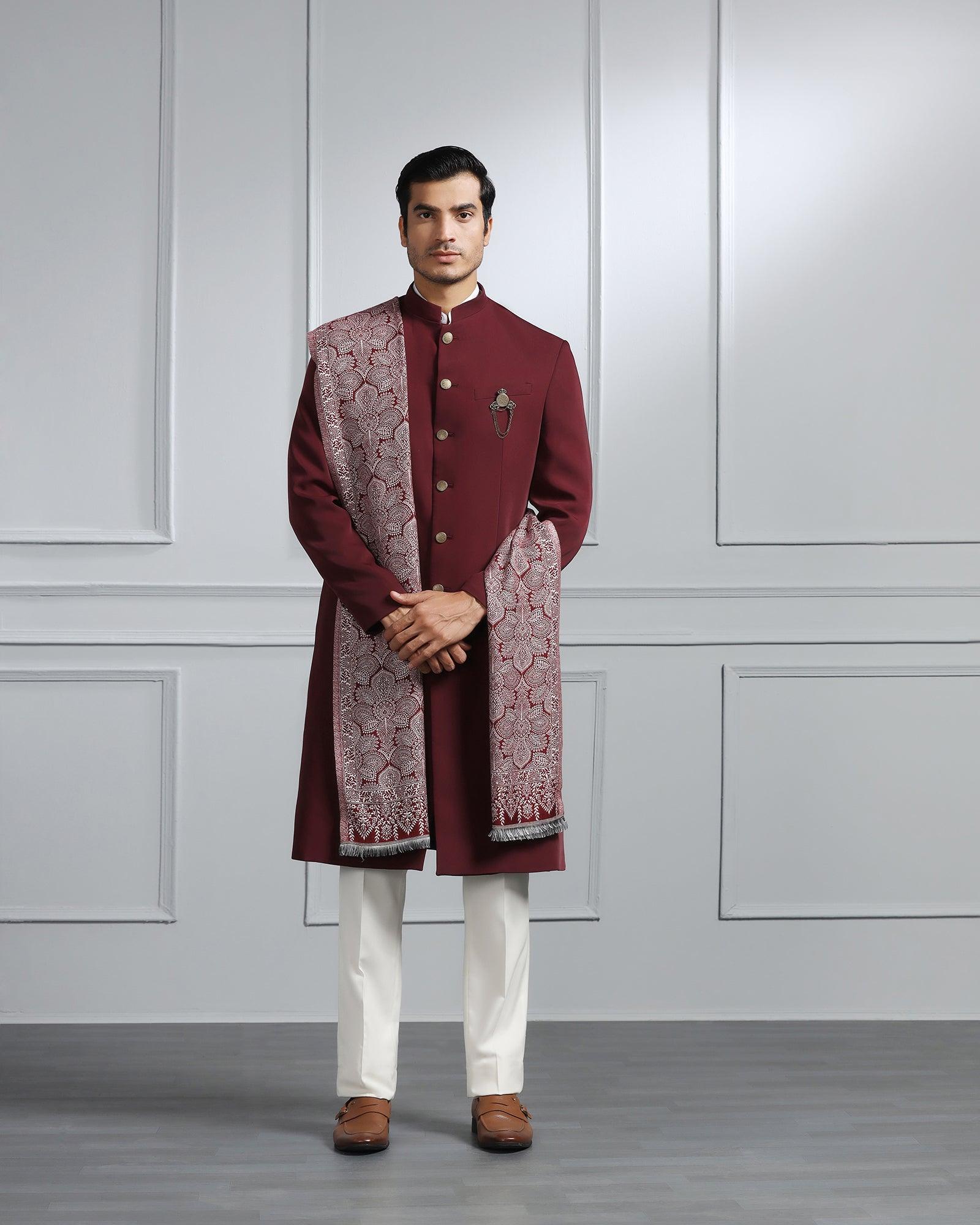 Swarn Two Piece Maroon Solid Achkan Set - Dagaris - Blackberrys
