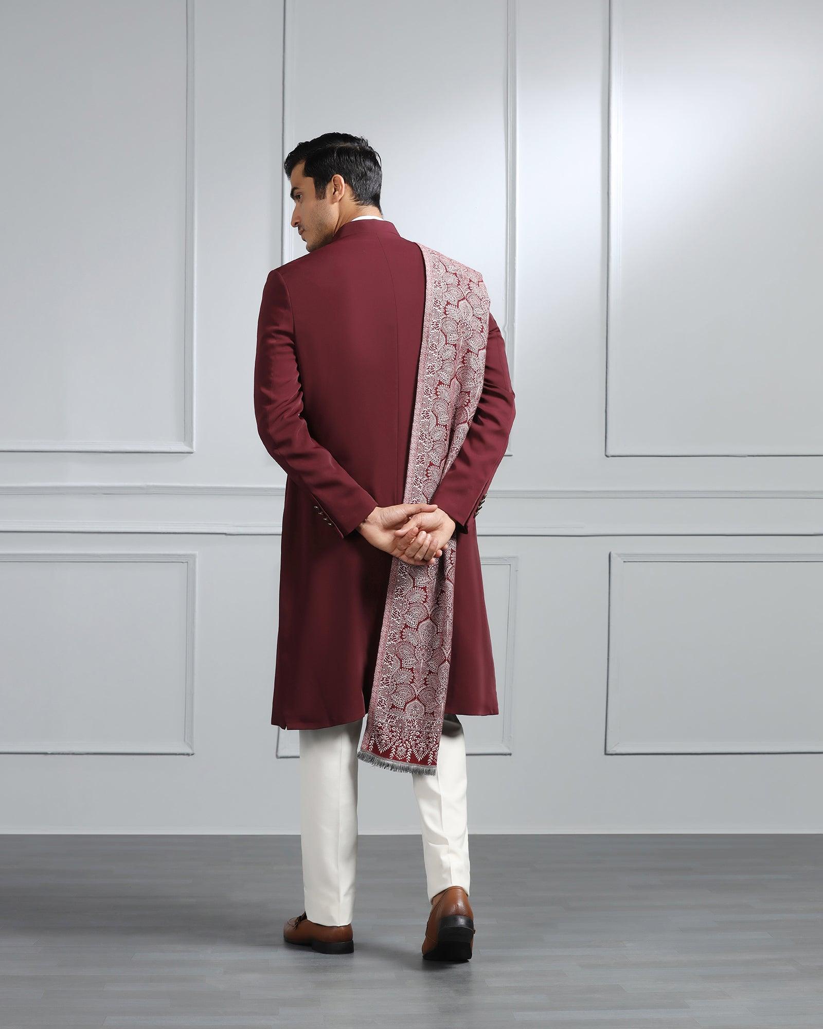 Swarn Two Piece Maroon Solid Achkan Set - Dagaris - Blackberrys