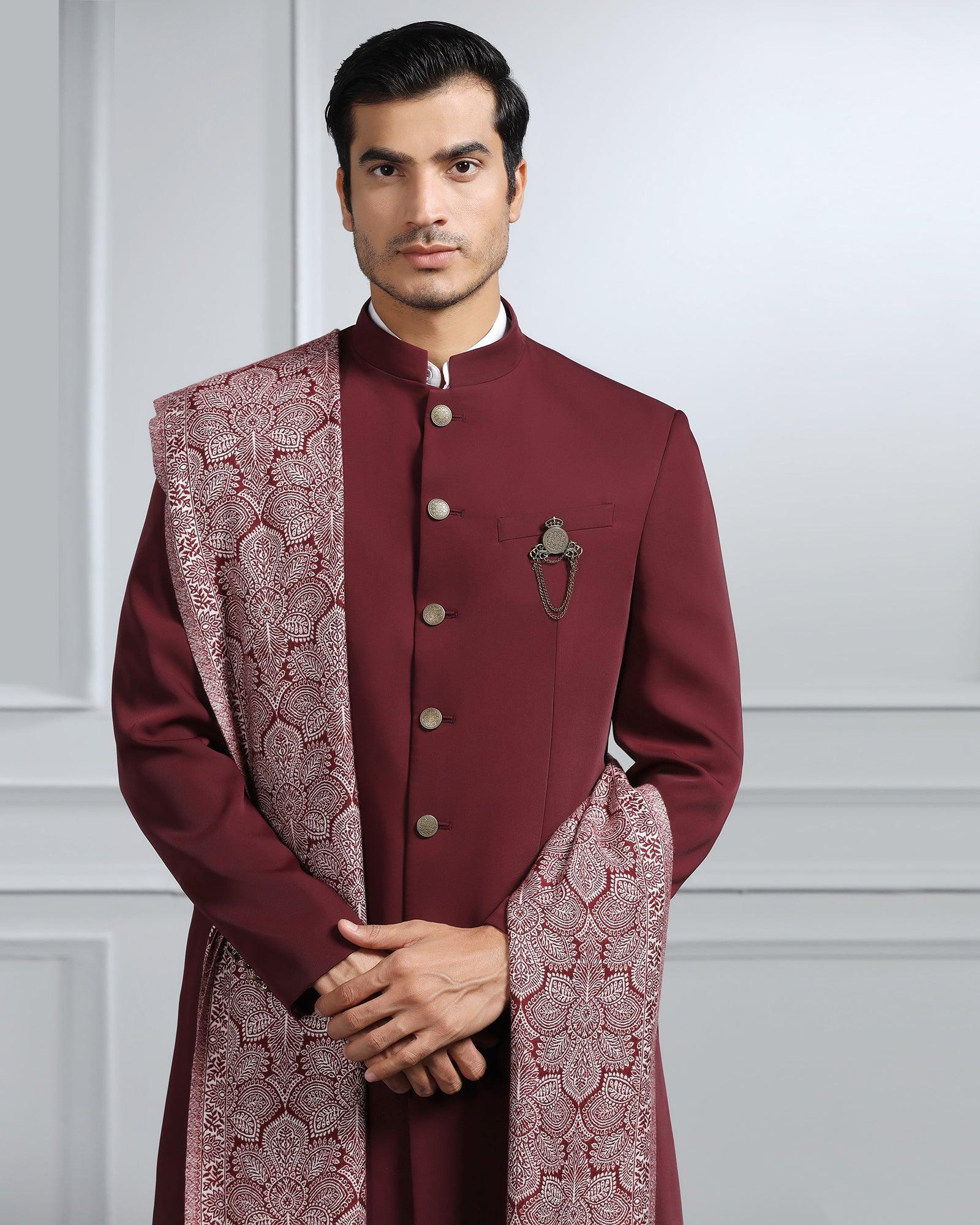 Swarn Two Piece Maroon Solid Achkan Set - Dagaris - Blackberrys