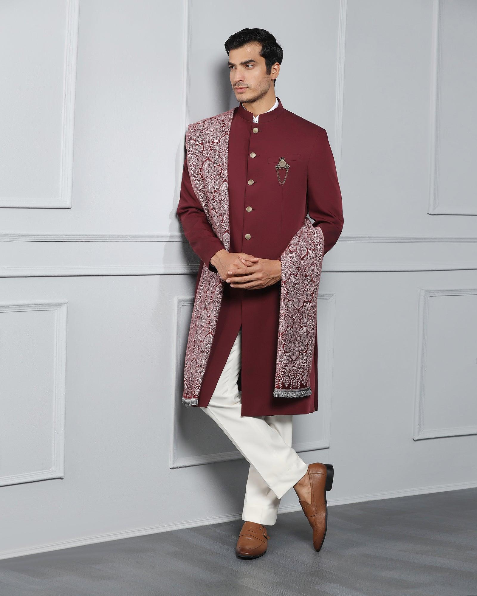 Swarn Two Piece Maroon Solid Achkan Set - Dagaris - Blackberrys