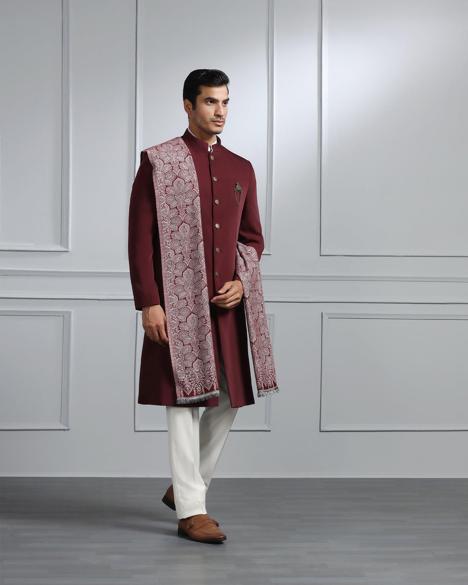 Swarn Two Piece Maroon Solid Achkan Set - Dagaris - Blackberrys