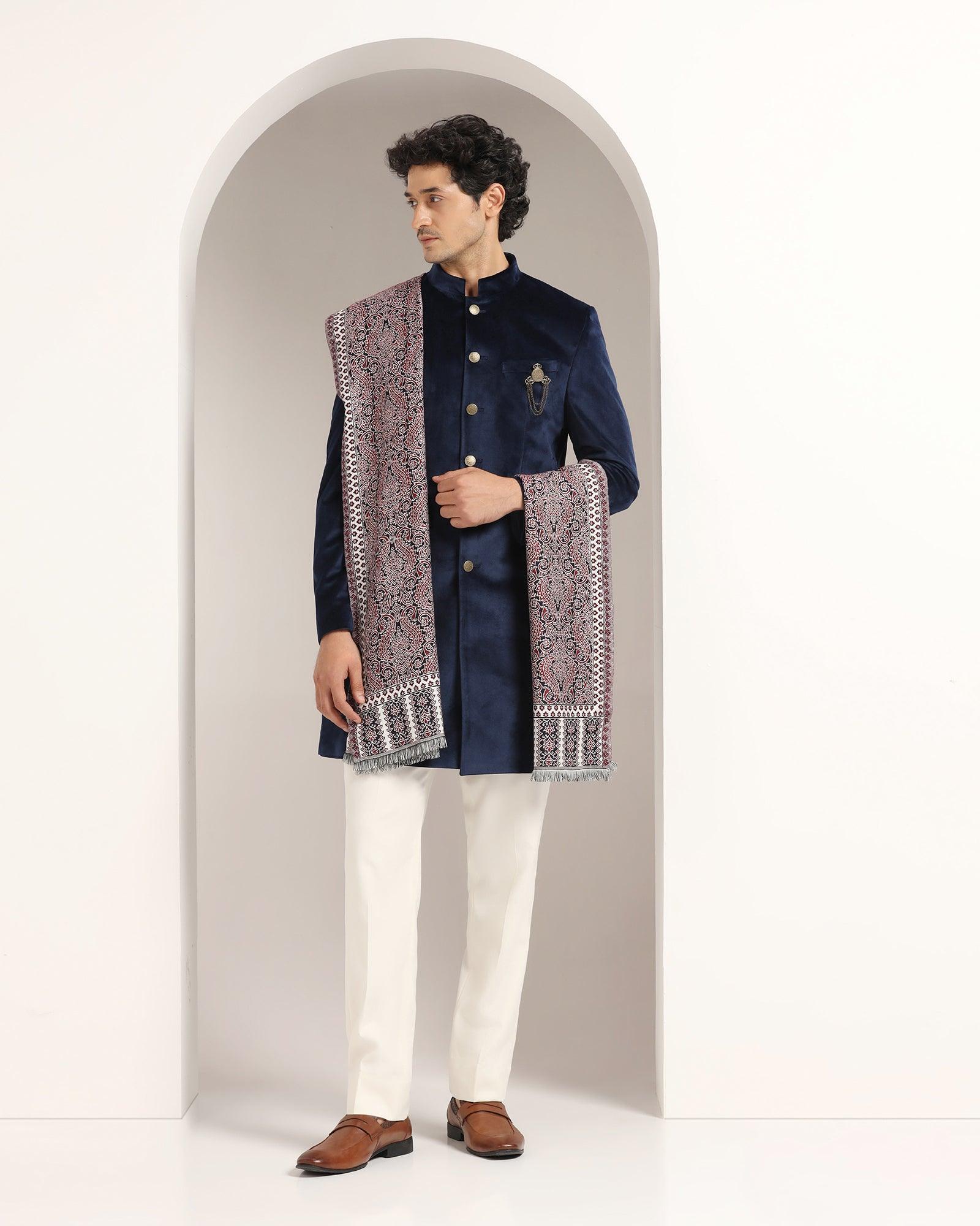 Swarn Two Piece Navy Solid Achkan Set - Veltos - Blackberrys