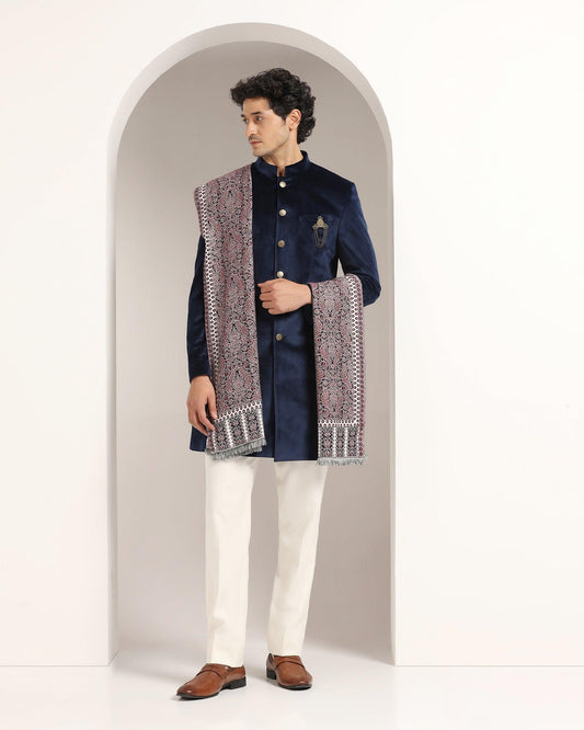 Navy Swarn Solid Achkan Set - Veltos
