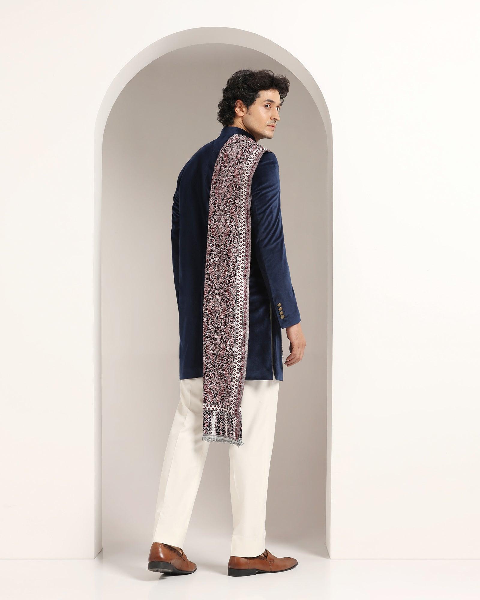 Swarn Two Piece Navy Solid Achkan Set - Veltos - Blackberrys