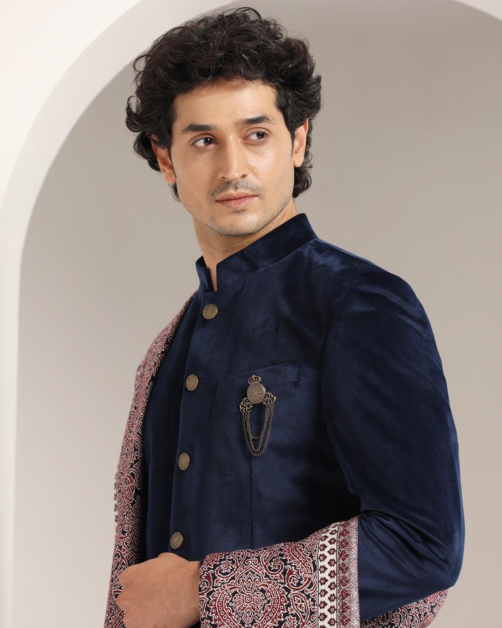 Swarn Two Piece Navy Solid Achkan Set - Veltos - Blackberrys