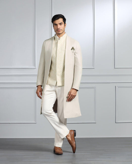 Beige Swarn Solid Achkan Set - Renera
