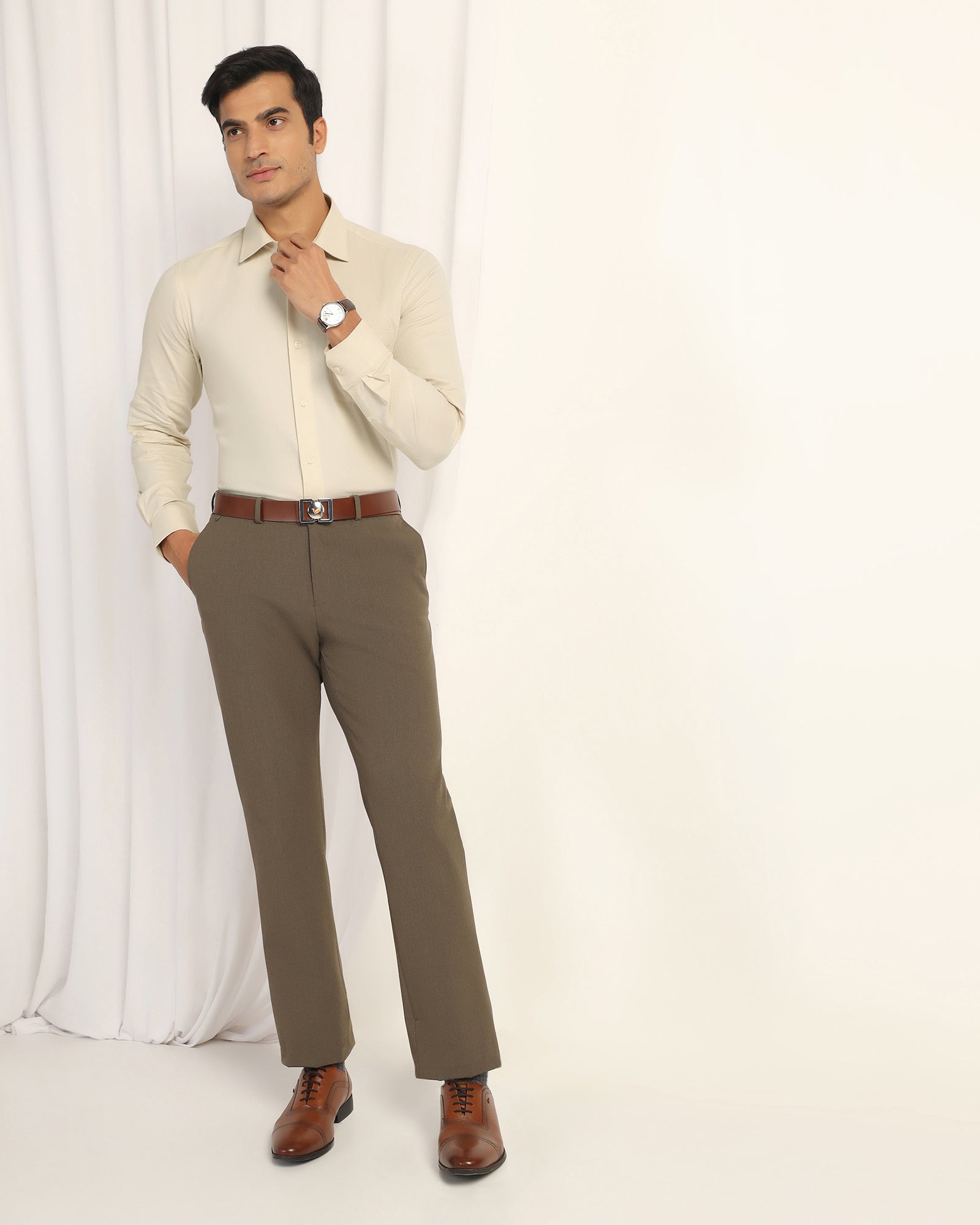 Formal Yellow Textured Shirt - Brick