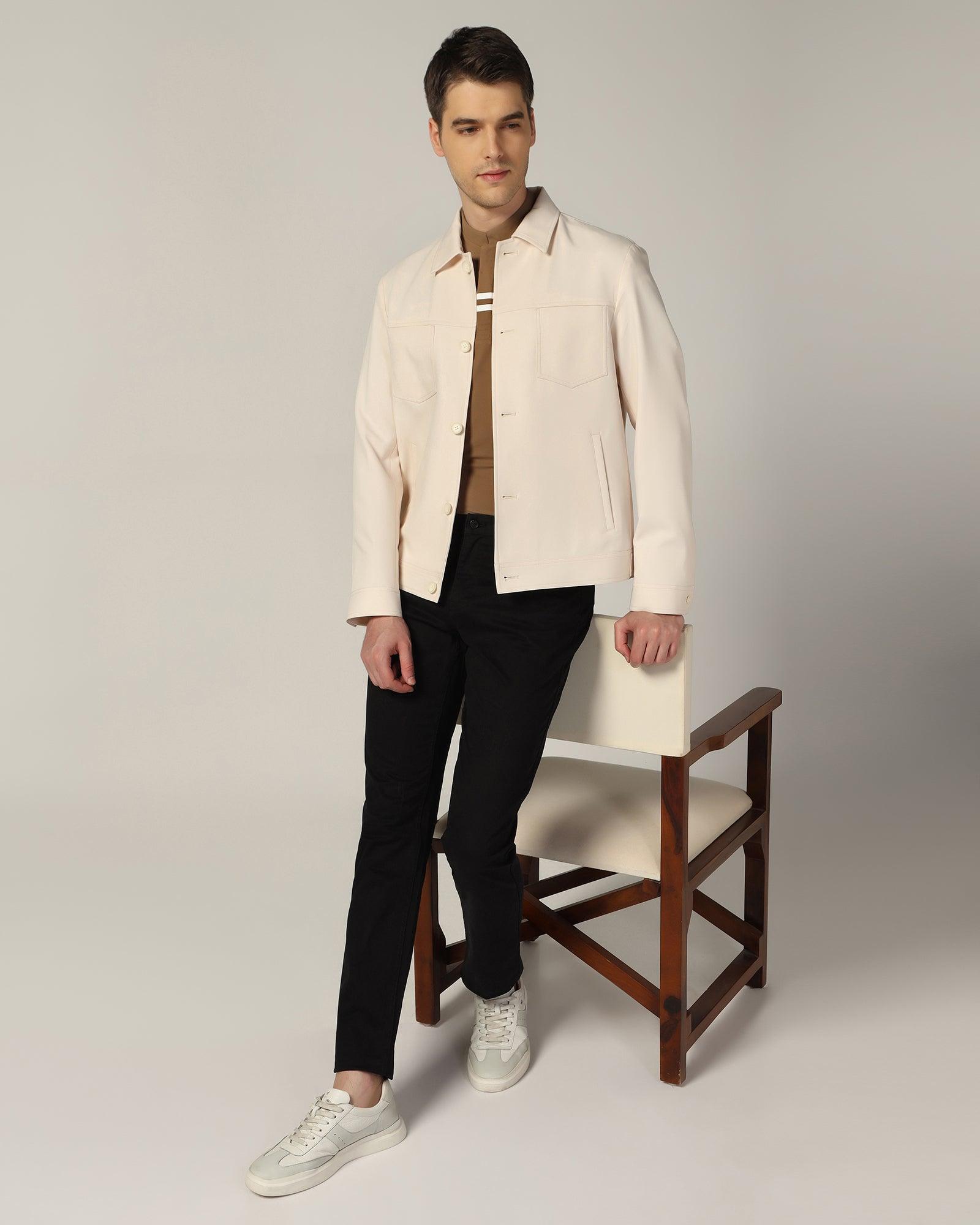 Formal Beige Solid Zipper Jacket - Garnet - Blackberrys