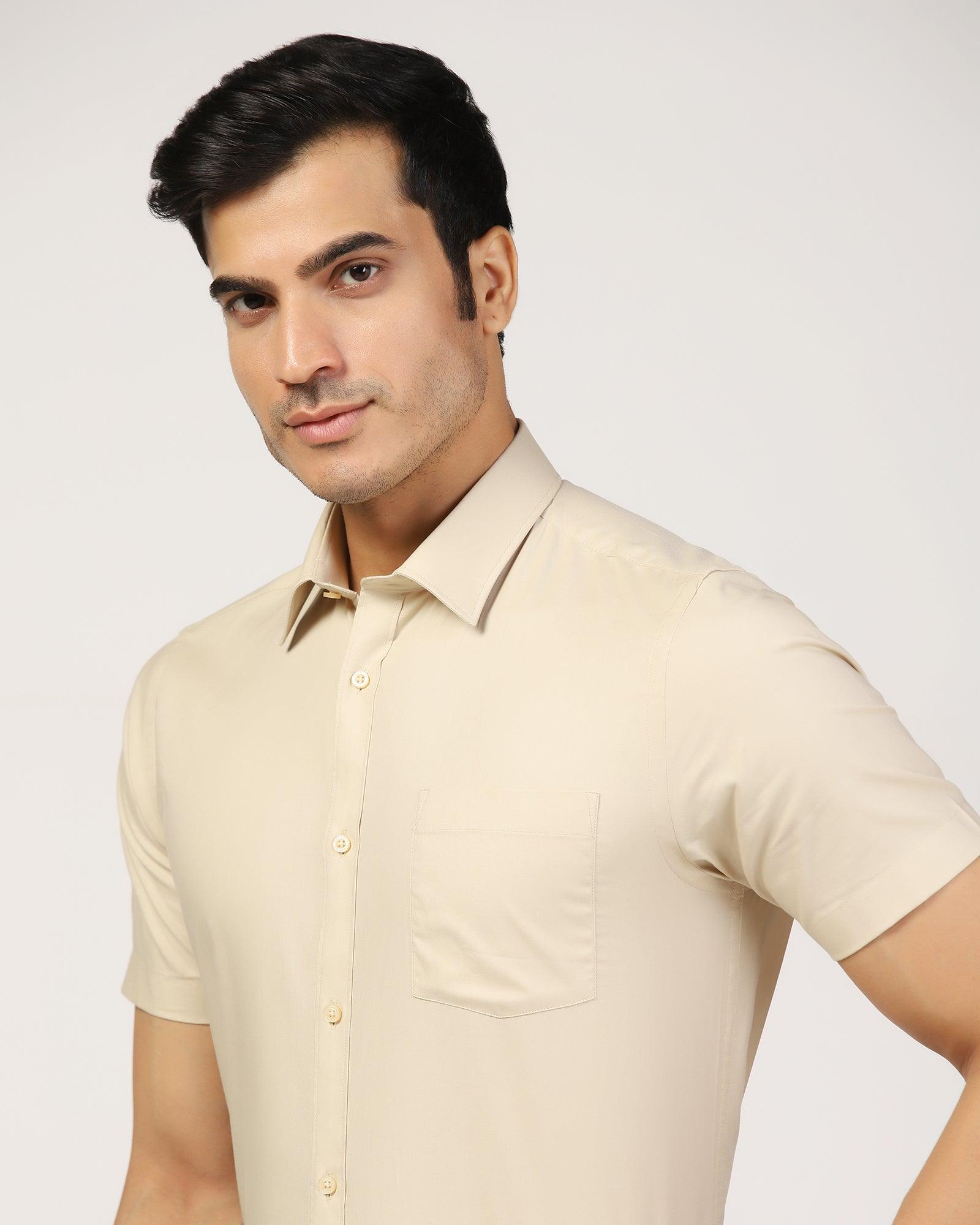 Formal Half Sleeve Beige Solid Shirt - Retro - Blackberrys