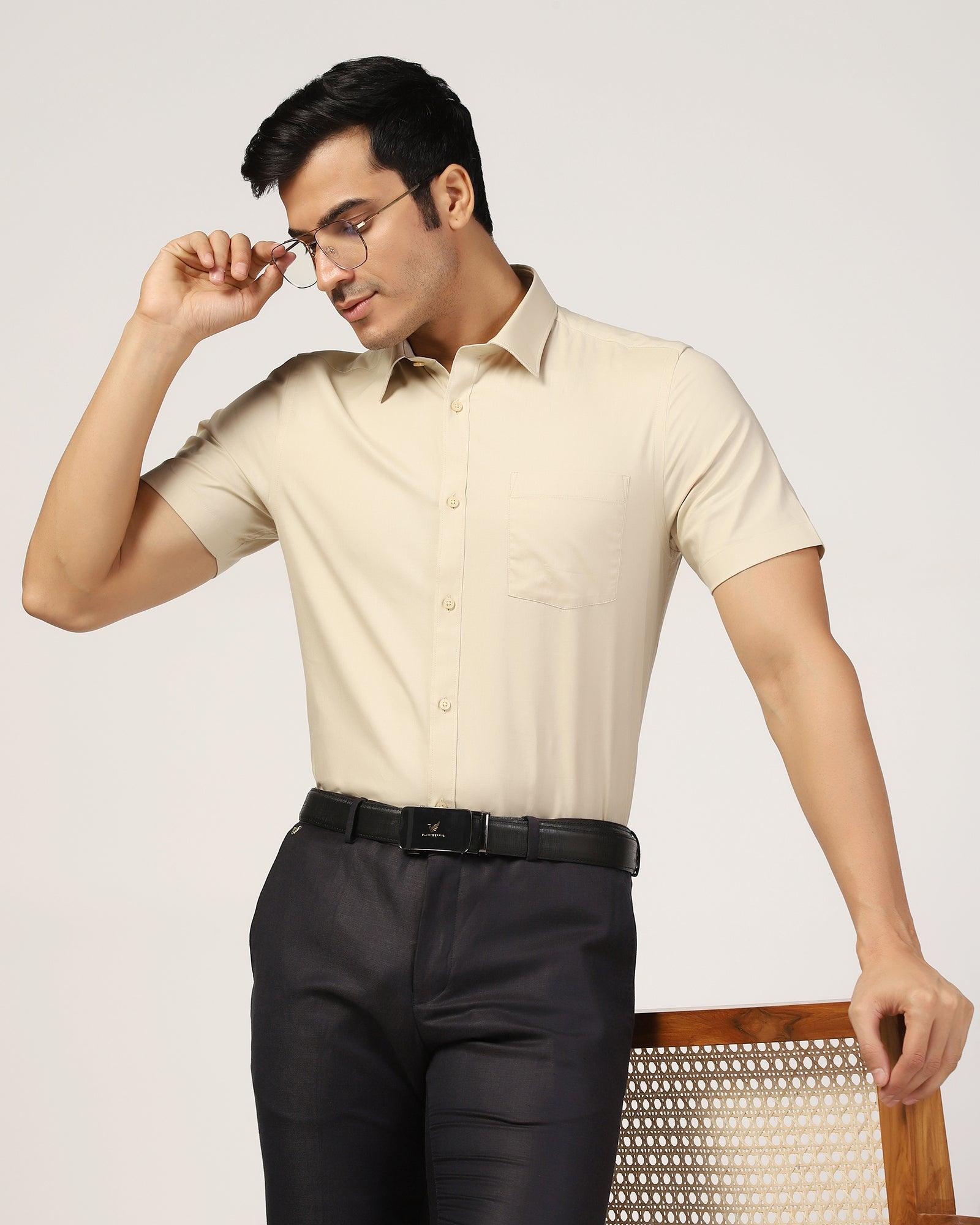 Formal Half Sleeve Beige Solid Shirt - Retro - Blackberrys