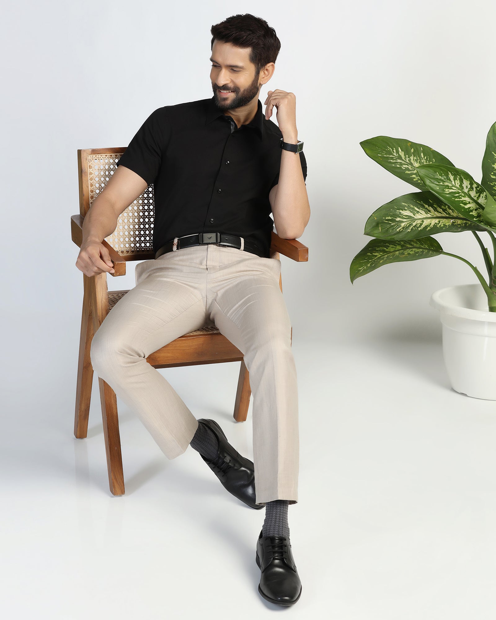 Formal Half Sleeve Black Textured Shirt - Noir