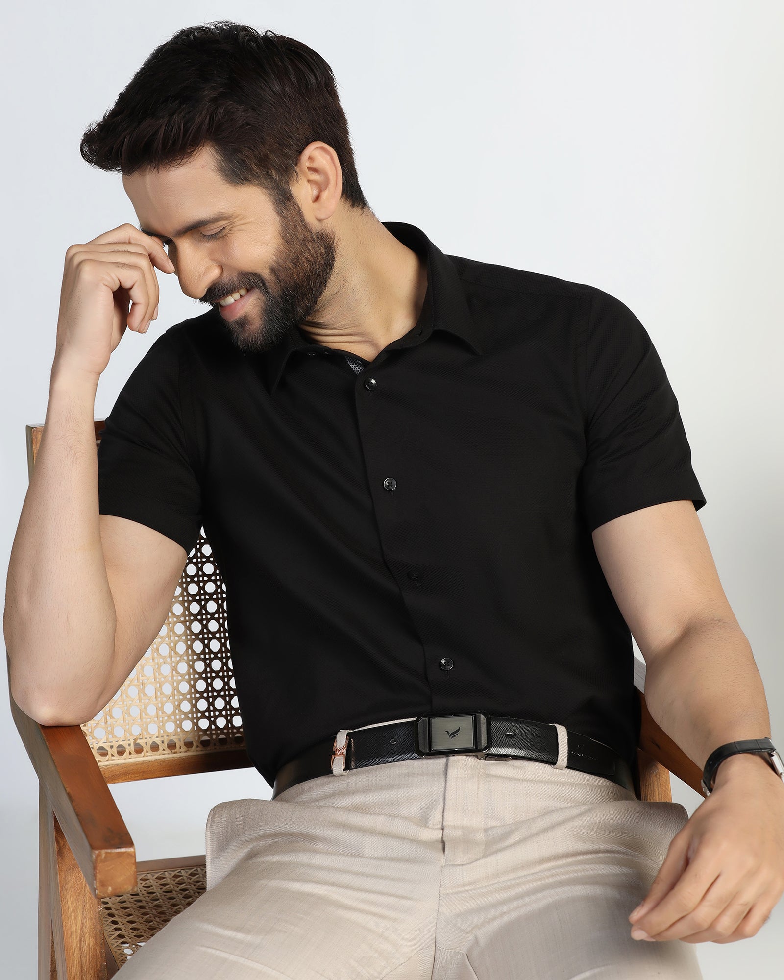 Formal Half Sleeve Black Textured Shirt - Noir