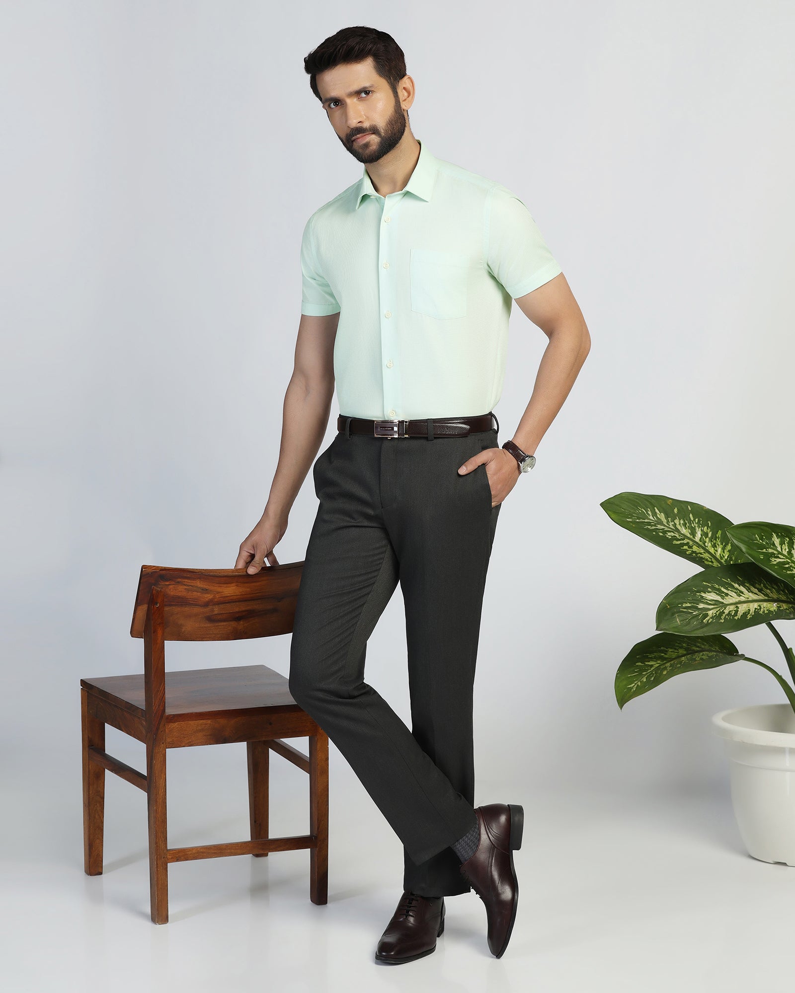 Formal Half Sleeve Green Textured Shirt - Pace