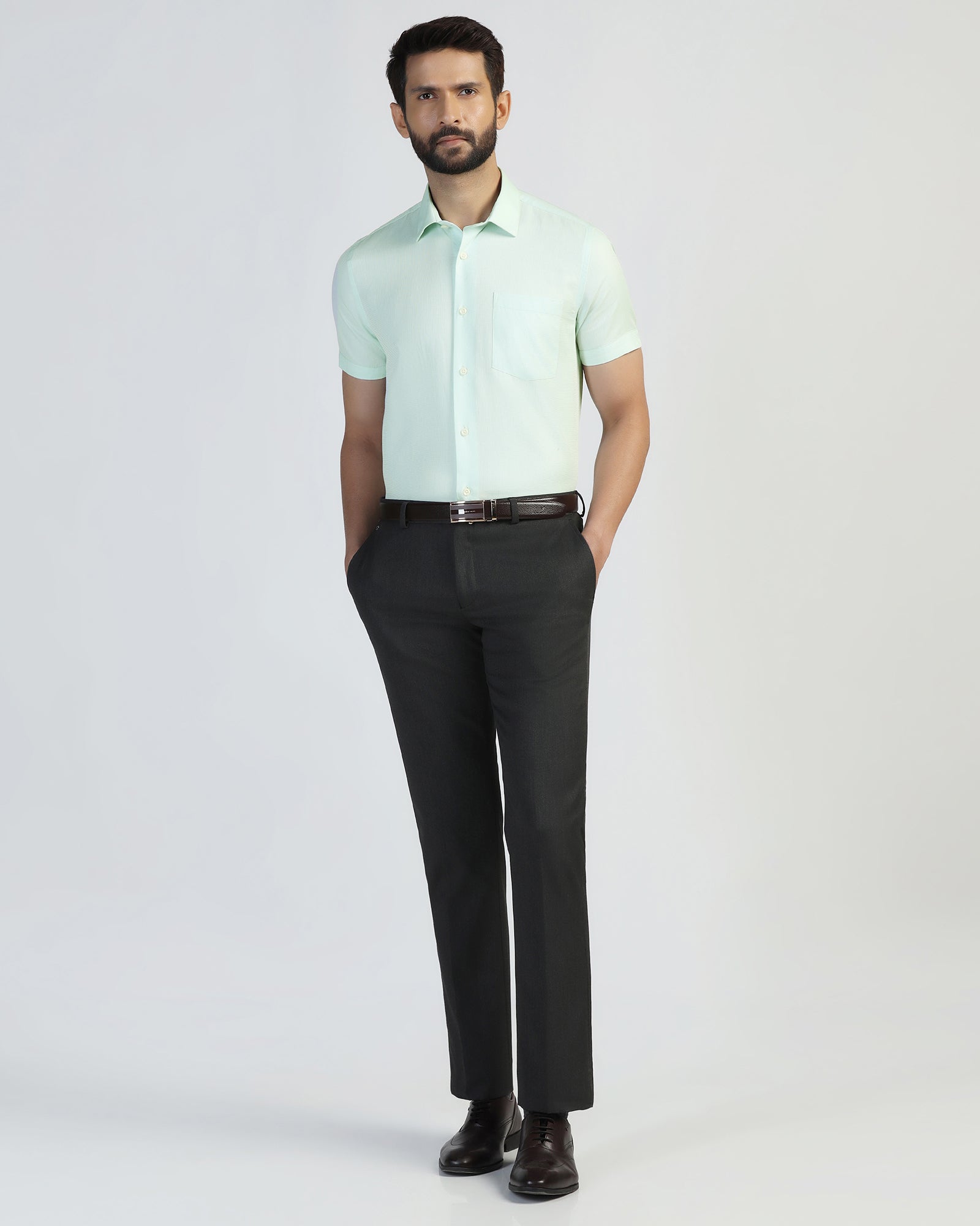 Formal Half Sleeve Green Textured Shirt - Pace