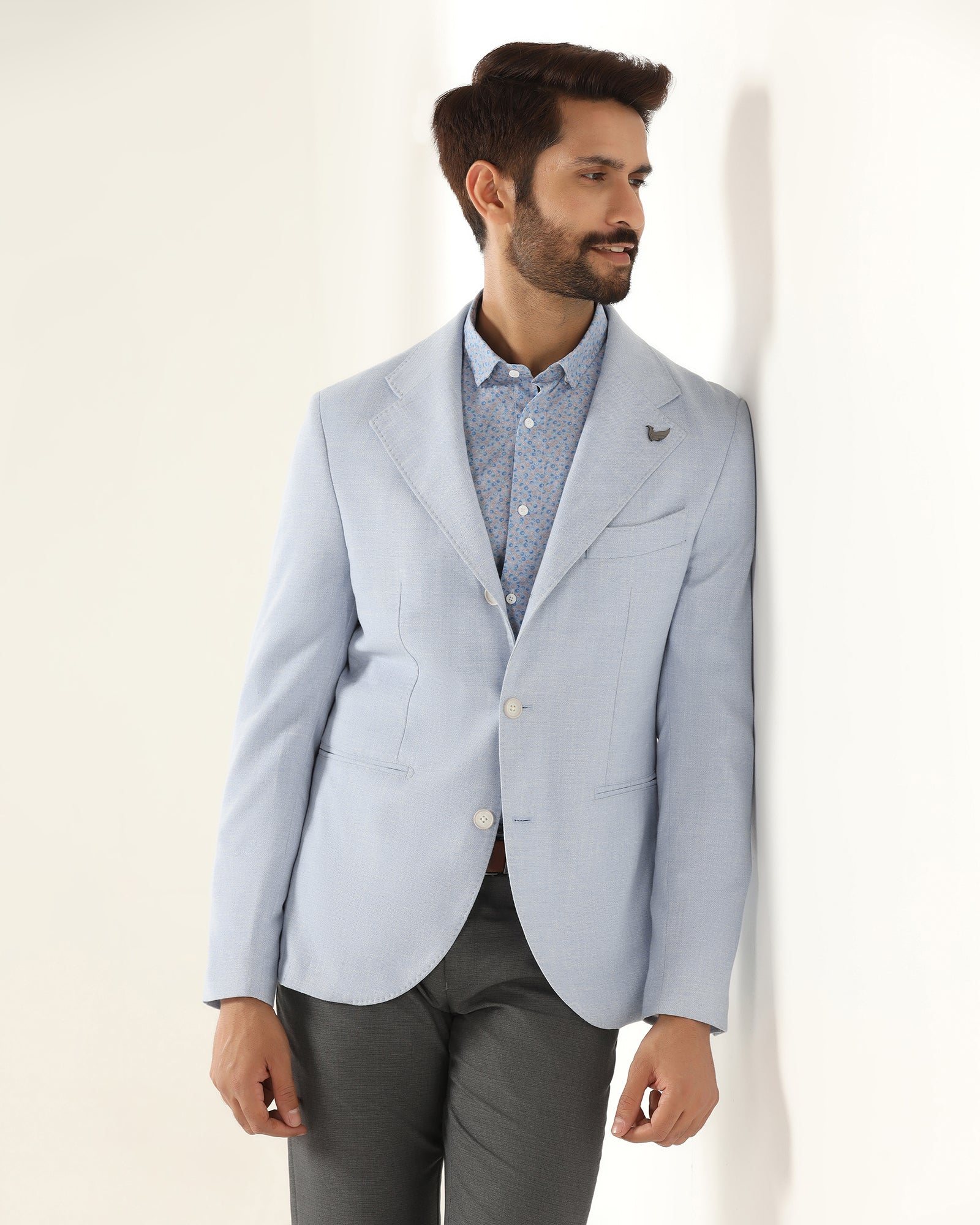 Formal Light Blue Textured Blazer - Blanc