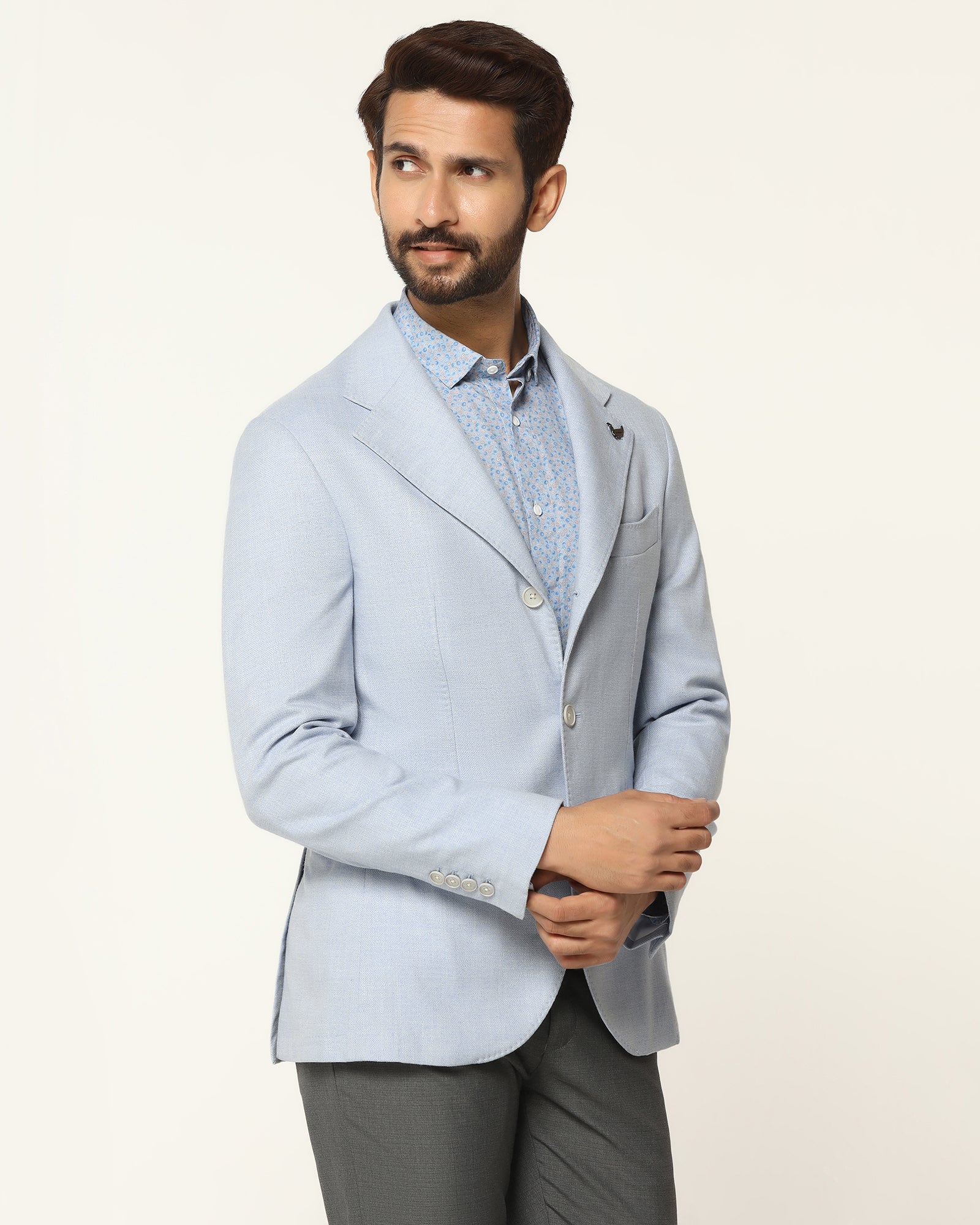 Formal Light Blue Textured Blazer - Blanc