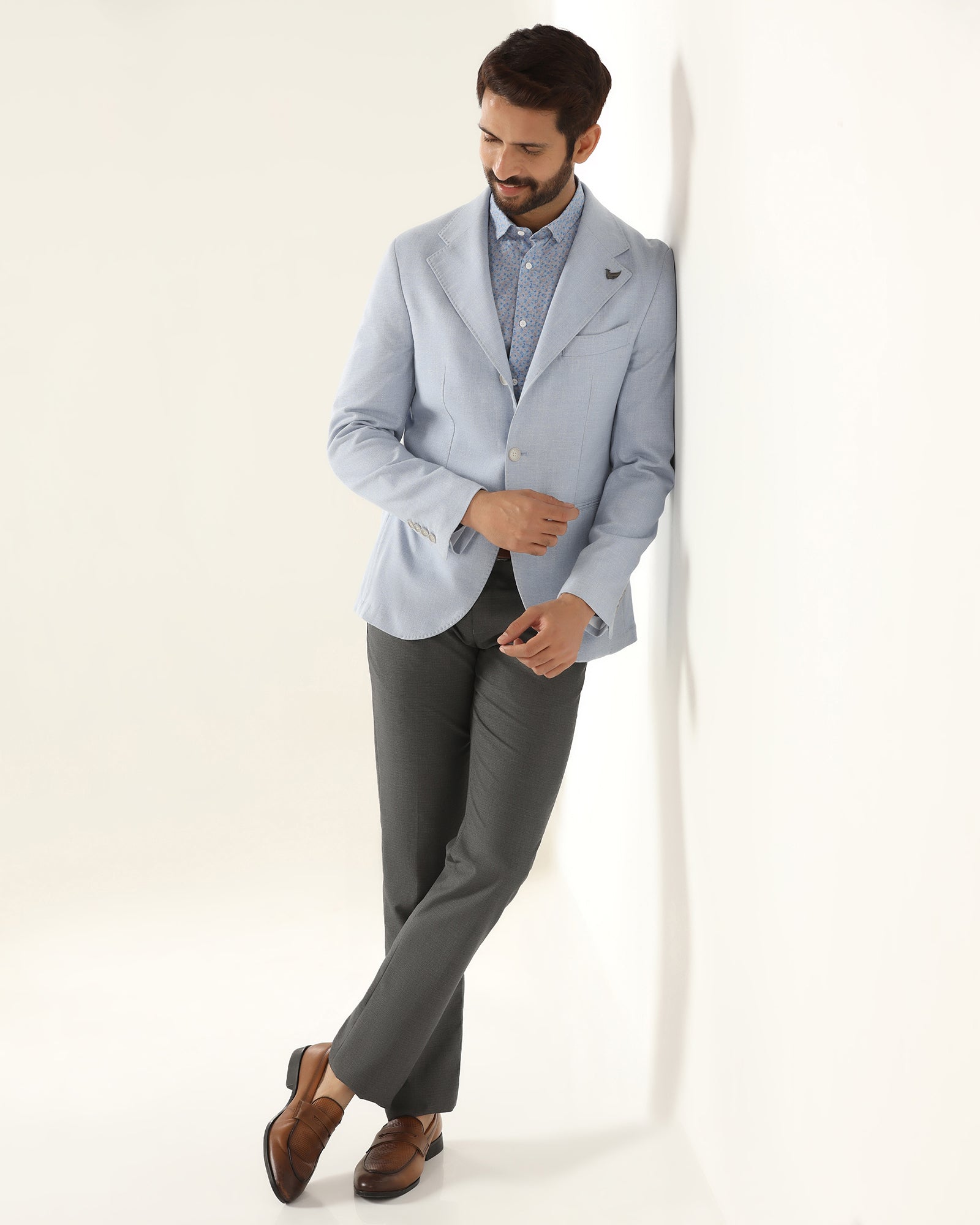 Formal Light Blue Textured Blazer - Blanc
