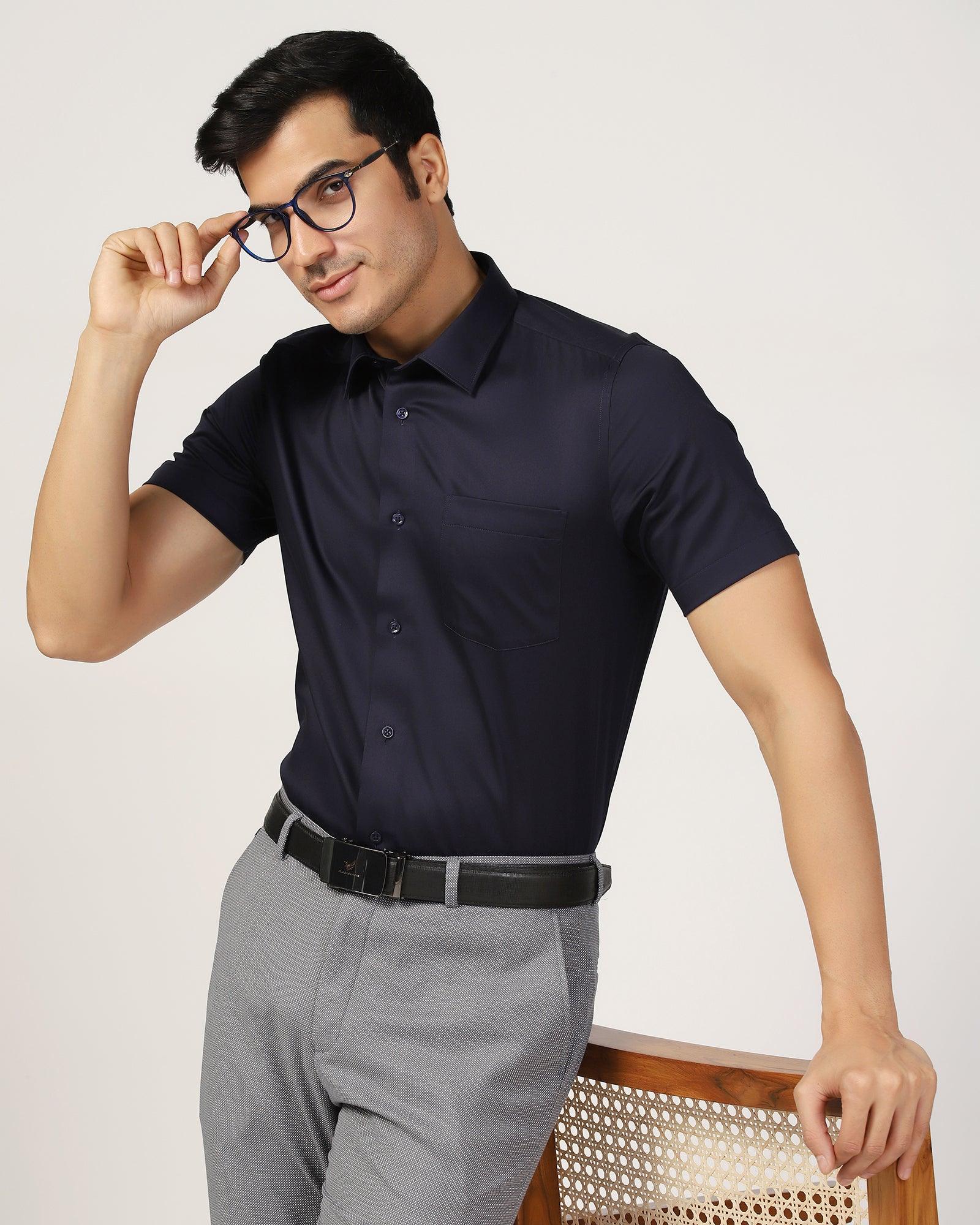 Non Iron Formal Half Sleeve Navy Solid Shirt - Matiz