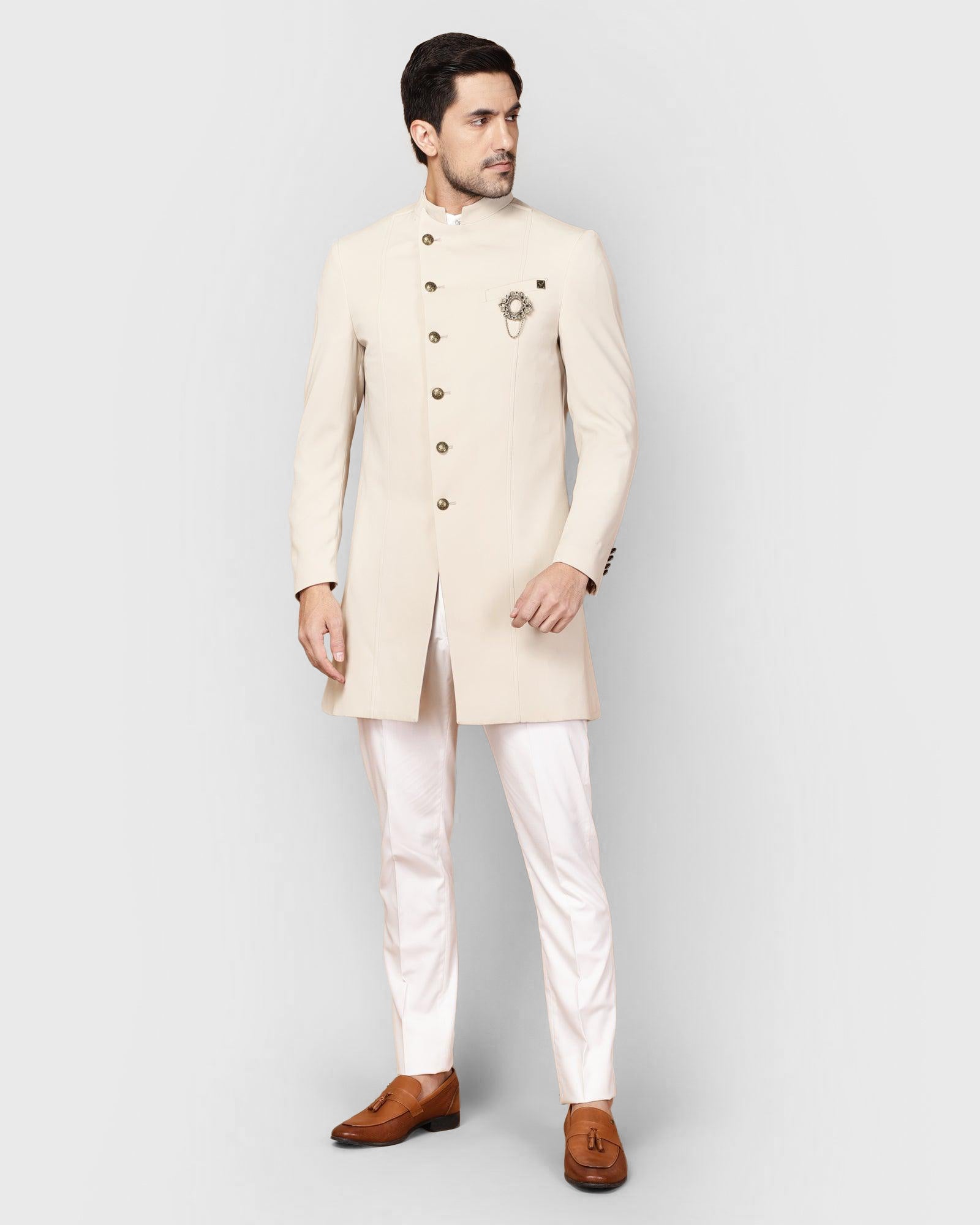 Beige Swarn Solid Achkan Set - Fretor